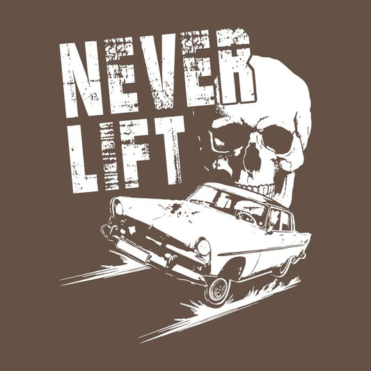 Fuel Your Passion for Speed with the "Never Lift Skull Car Enthusiasts Drag Racing" T-Shirt