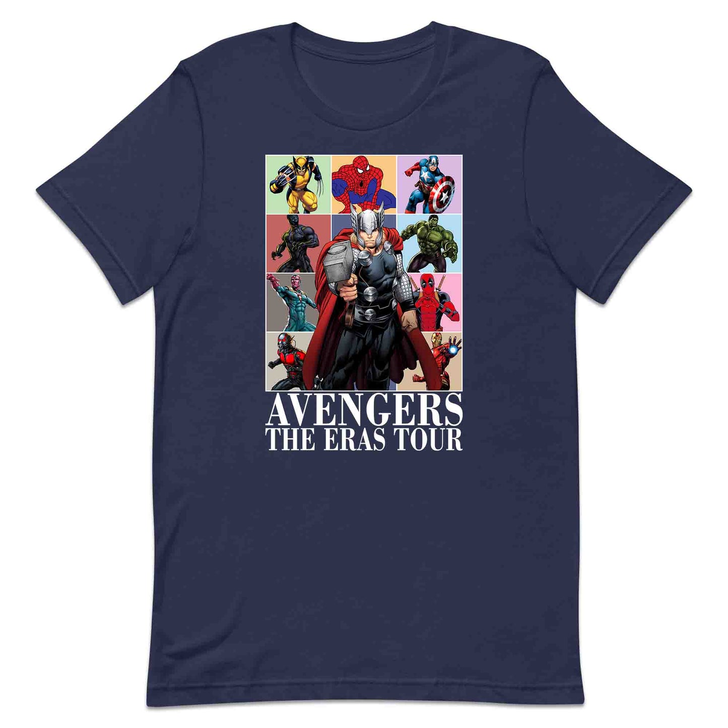 Avengers Eras Tour T-Shirt, Jumper & Hoodie – Retro Marvel Comic Style Featuring Thor, Iron Man, Spider-Man, Hulk & Deadpool | PRODUCT CODE: ABFGEIRS
