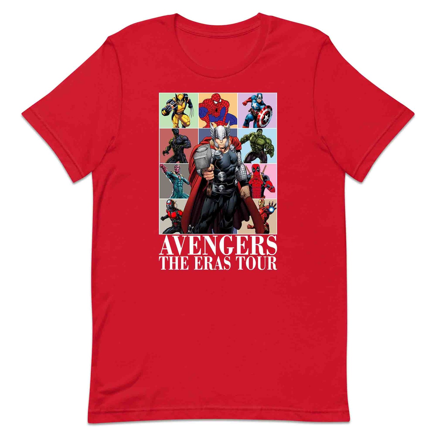 Avengers Eras Tour T-Shirt, Jumper & Hoodie – Retro Marvel Comic Style Featuring Thor, Iron Man, Spider-Man, Hulk & Deadpool | PRODUCT CODE: ABFGEIRS