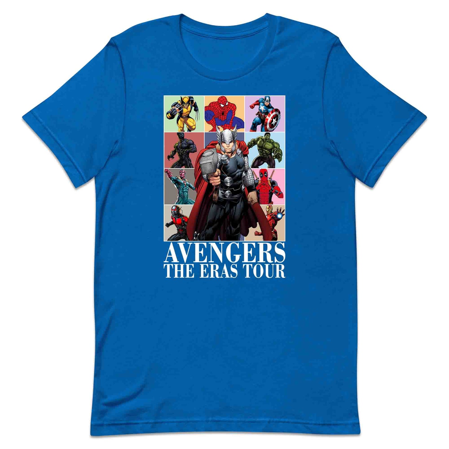 Avengers Eras Tour T-Shirt, Jumper & Hoodie – Retro Marvel Comic Style Featuring Thor, Iron Man, Spider-Man, Hulk & Deadpool | PRODUCT CODE: ABFGEIRS