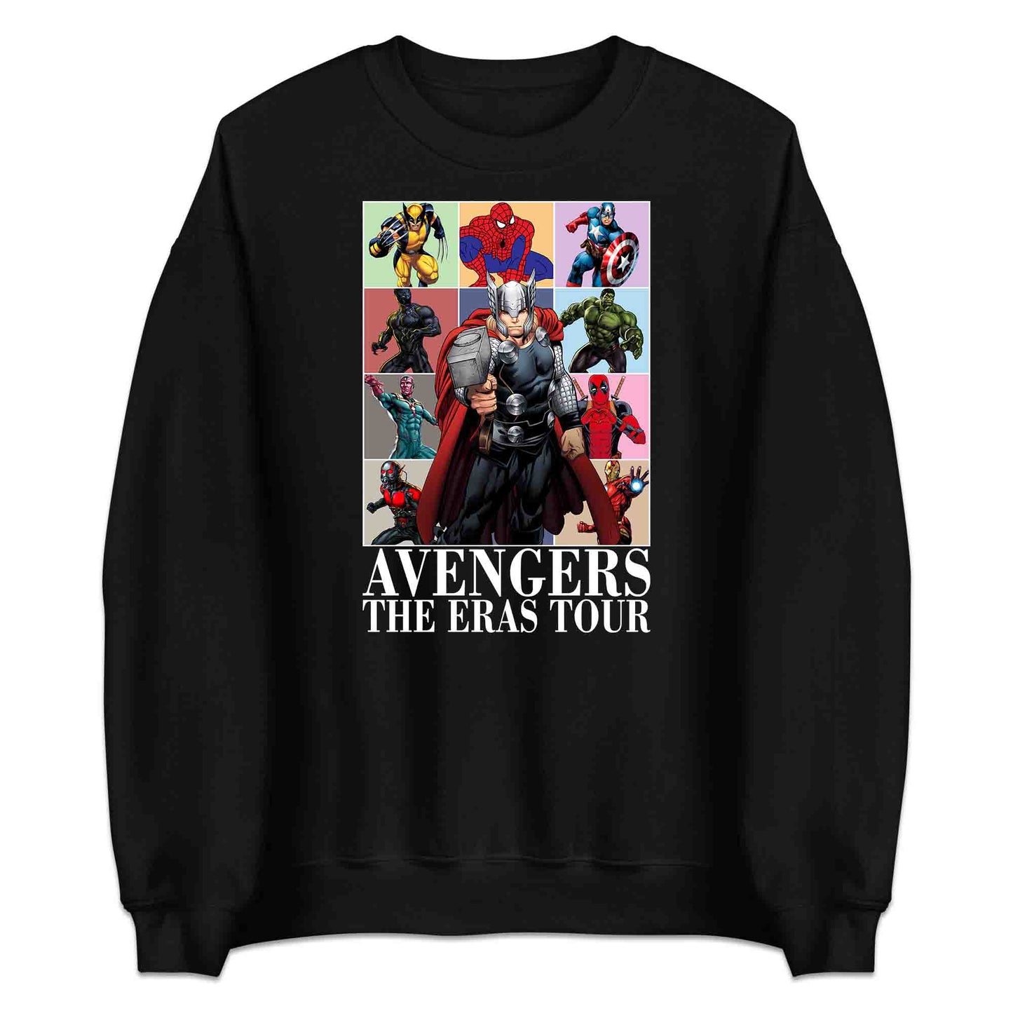 Avengers Eras Tour T-Shirt, Jumper & Hoodie – Retro Marvel Comic Style Featuring Thor, Iron Man, Spider-Man, Hulk & Deadpool | PRODUCT CODE: ABFGEIRS