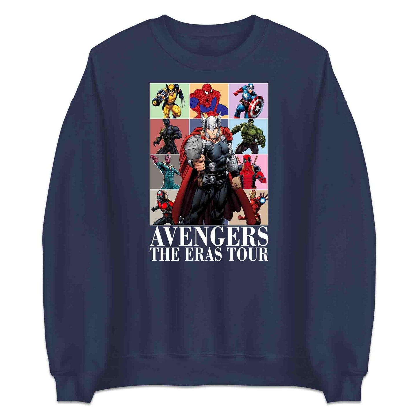 Avengers Eras Tour T-Shirt, Jumper & Hoodie – Retro Marvel Comic Style Featuring Thor, Iron Man, Spider-Man, Hulk & Deadpool | PRODUCT CODE: ABFGEIRS