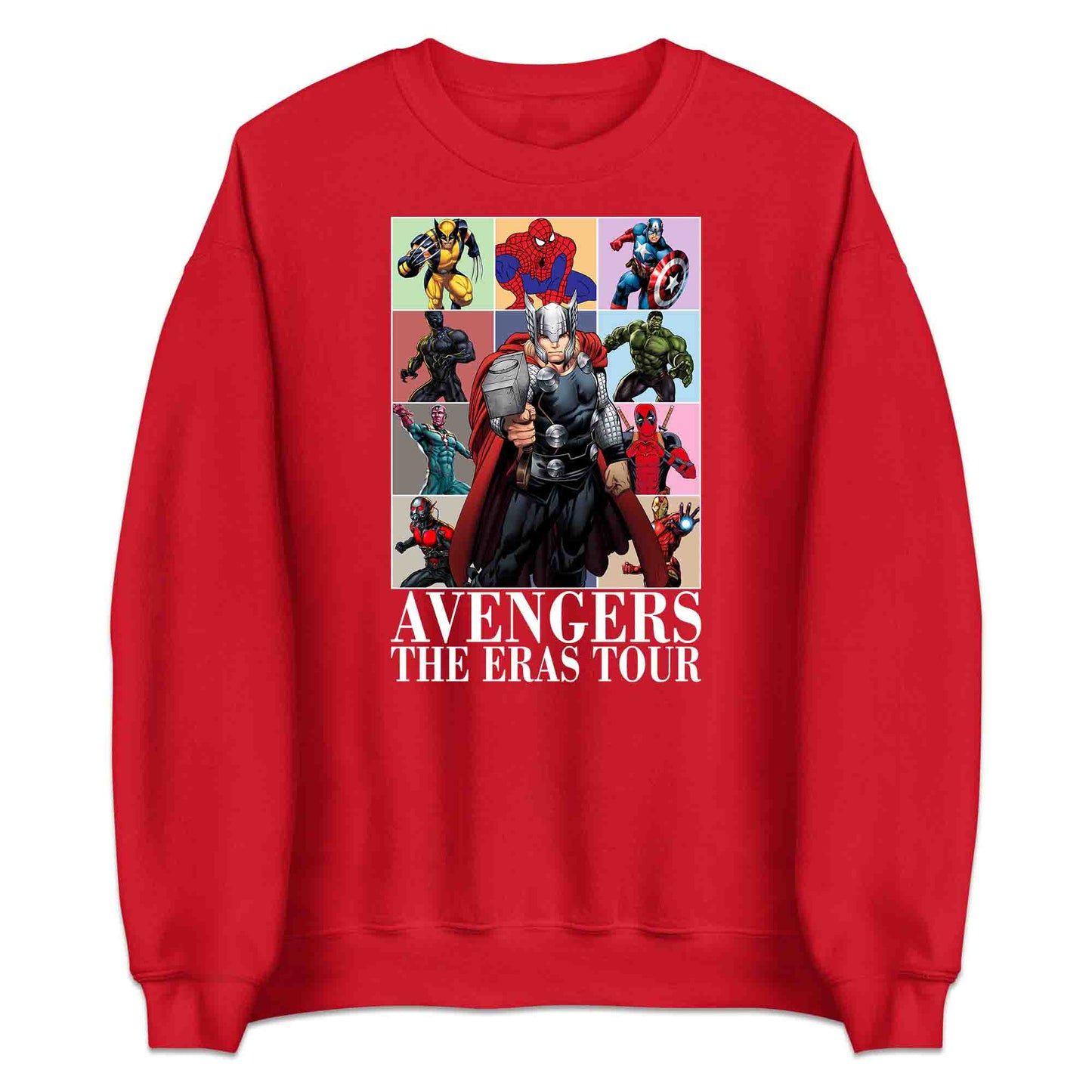 Avengers Eras Tour T-Shirt, Jumper & Hoodie – Retro Marvel Comic Style Featuring Thor, Iron Man, Spider-Man, Hulk & Deadpool | PRODUCT CODE: ABFGEIRS