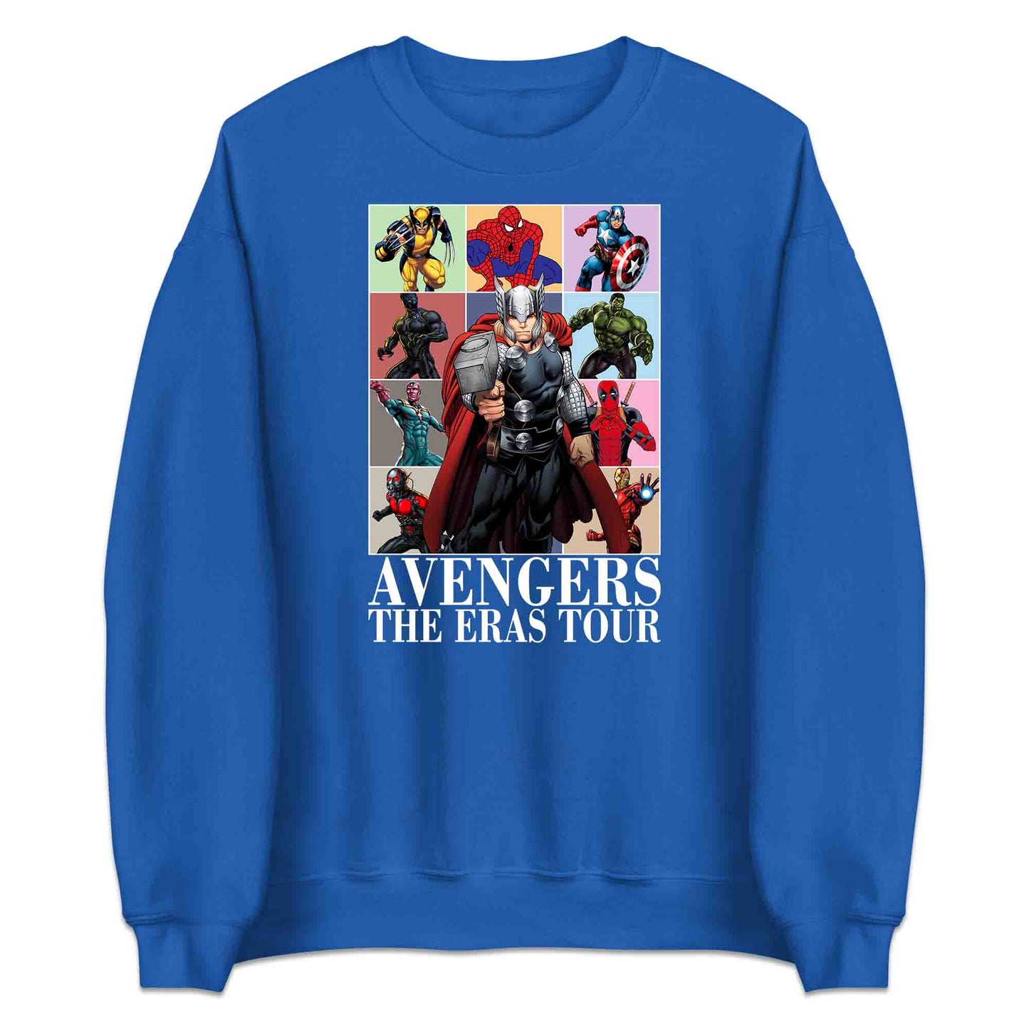 Avengers Eras Tour T-Shirt, Jumper & Hoodie – Retro Marvel Comic Style Featuring Thor, Iron Man, Spider-Man, Hulk & Deadpool | PRODUCT CODE: ABFGEIRS