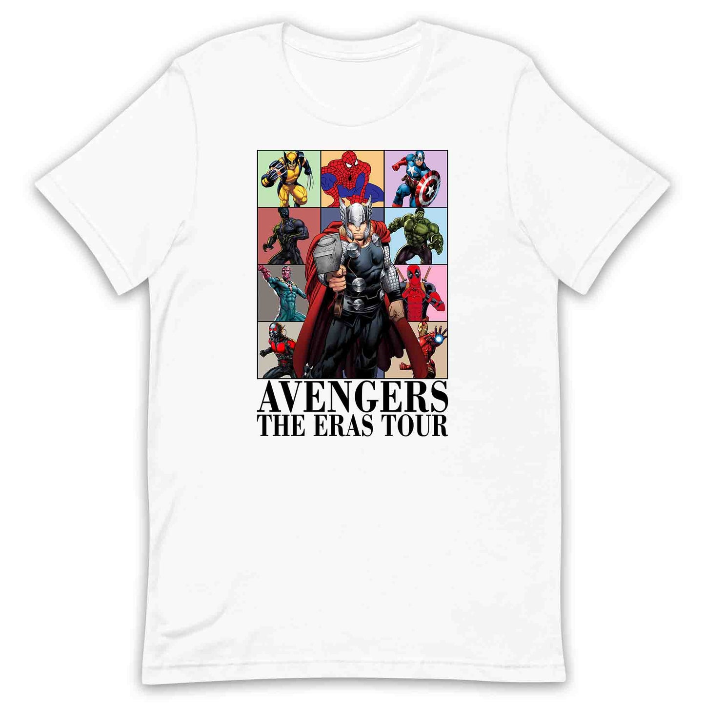 Avengers Eras Tour T-Shirt, Jumper & Hoodie – Retro Marvel Comic Style Featuring Thor, Iron Man, Spider-Man, Hulk & Deadpool | PRODUCT CODE: ABFGEIRS