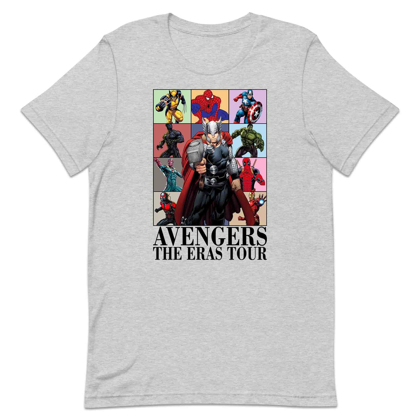 Avengers Eras Tour T-Shirt, Jumper & Hoodie – Retro Marvel Comic Style Featuring Thor, Iron Man, Spider-Man, Hulk & Deadpool | PRODUCT CODE: ABFGEIRS