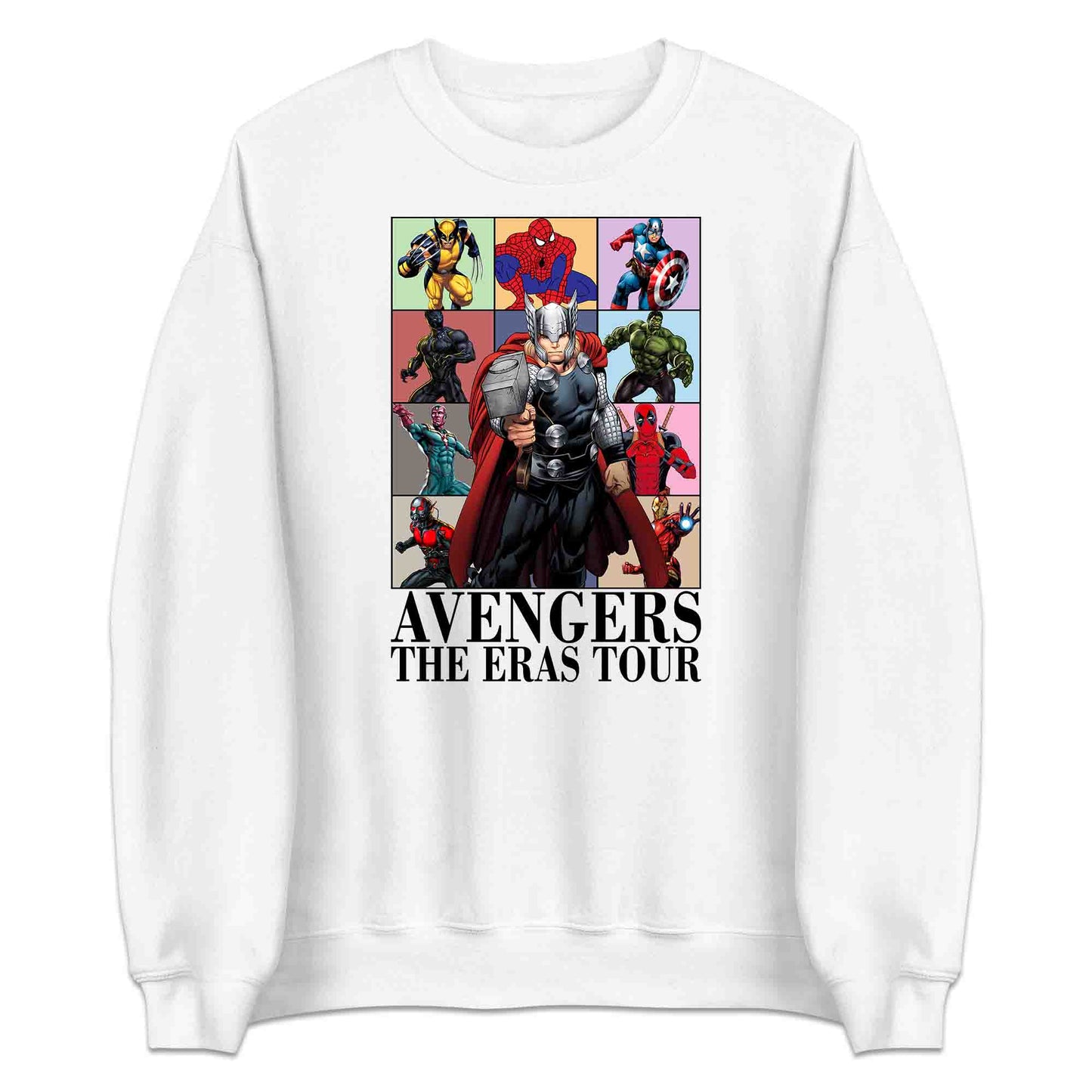Avengers Eras Tour T-Shirt, Jumper & Hoodie – Retro Marvel Comic Style Featuring Thor, Iron Man, Spider-Man, Hulk & Deadpool | PRODUCT CODE: ABFGEIRS