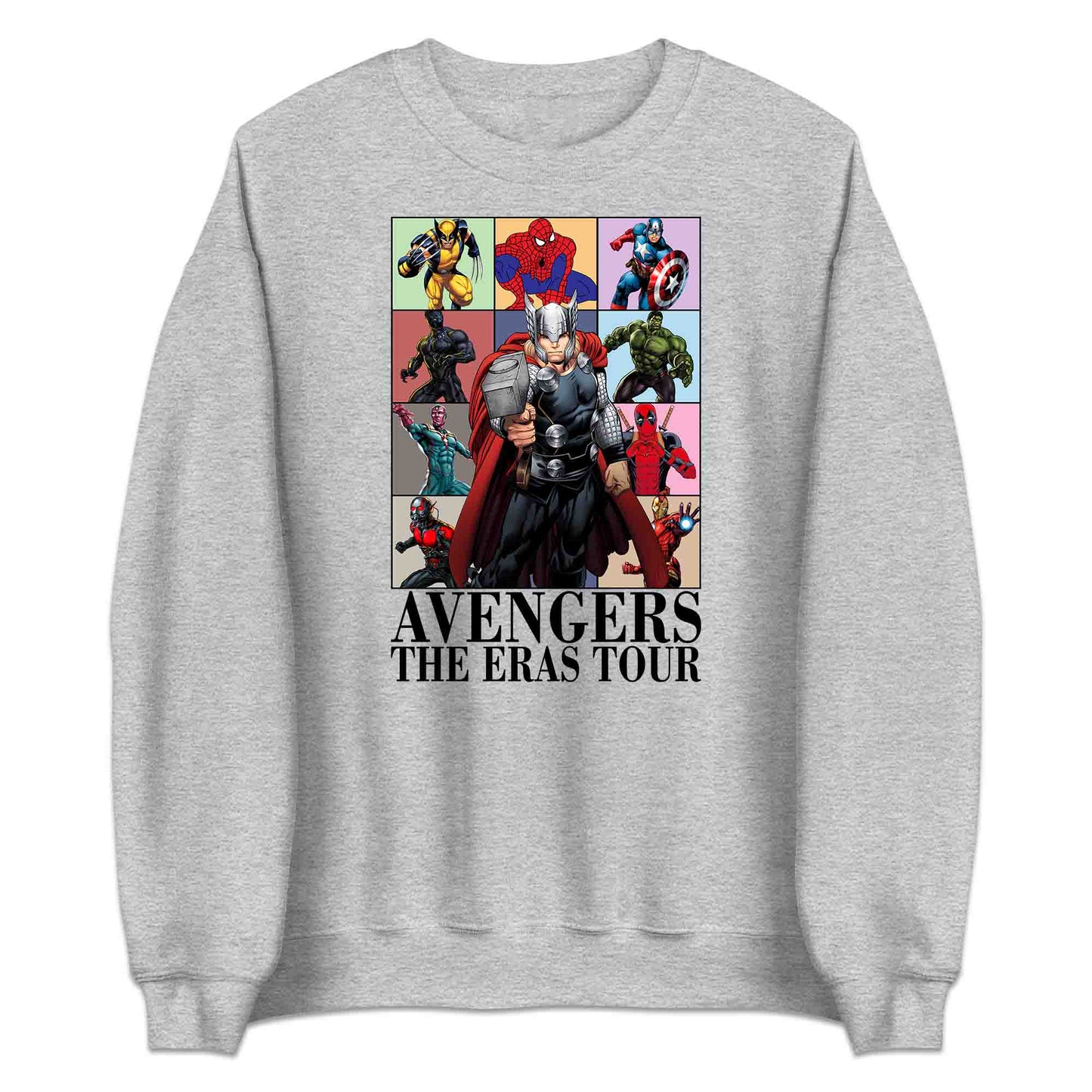 Avengers Eras Tour T-Shirt, Jumper & Hoodie – Retro Marvel Comic Style Featuring Thor, Iron Man, Spider-Man, Hulk & Deadpool | PRODUCT CODE: ABFGEIRS