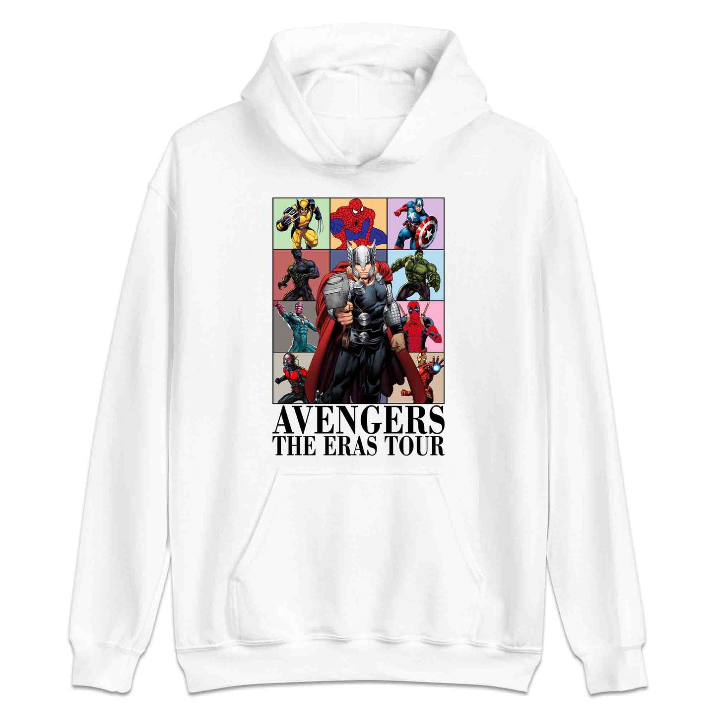 Avengers Eras Tour T-Shirt, Jumper & Hoodie – Retro Marvel Comic Style Featuring Thor, Iron Man, Spider-Man, Hulk & Deadpool | PRODUCT CODE: ABFGEIRS