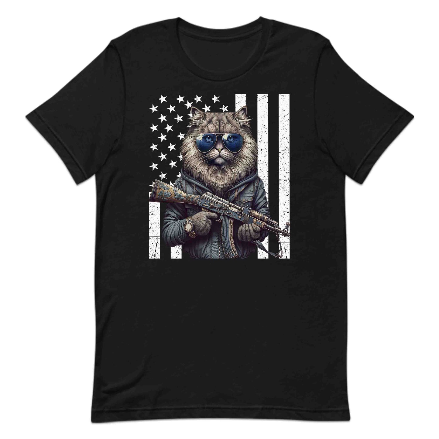 Armed Cat With AK-47 & USA Flag Fierce Patriotic Feline | PRODUCT CODE: ACRDMWUSFLGT