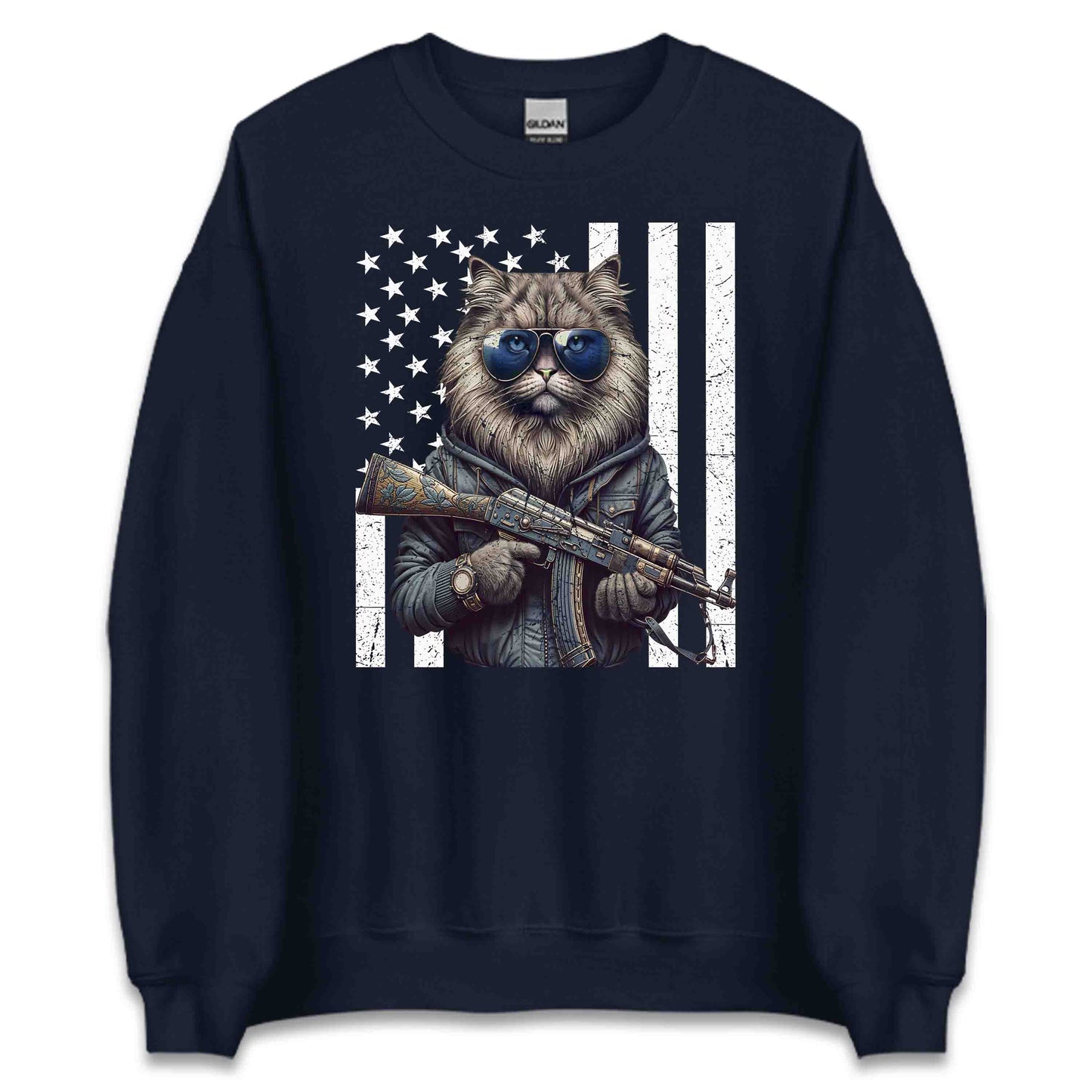 Armed Cat With AK-47 & USA Flag Fierce Patriotic Feline | PRODUCT CODE: ACRDMWUSFLGT