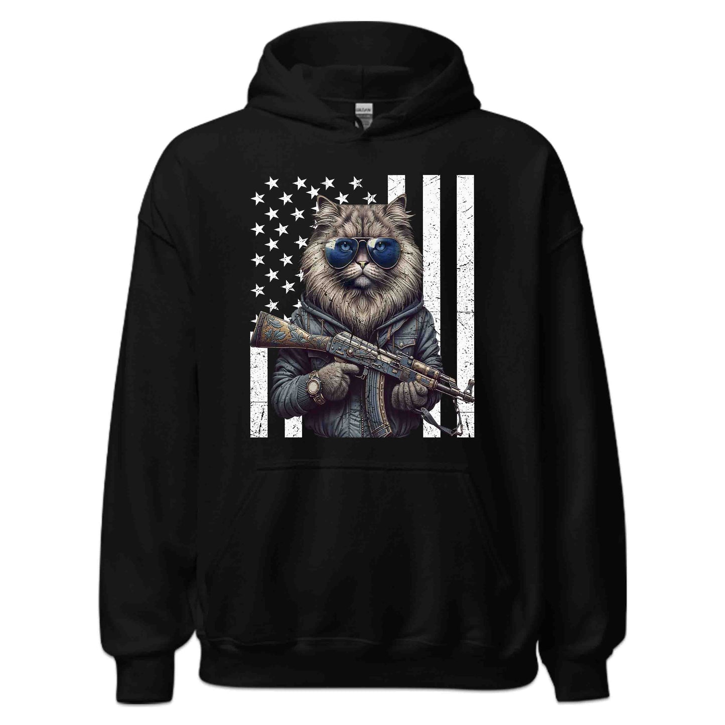 Armed Cat With AK-47 & USA Flag Fierce Patriotic Feline | PRODUCT CODE: ACRDMWUSFLGT
