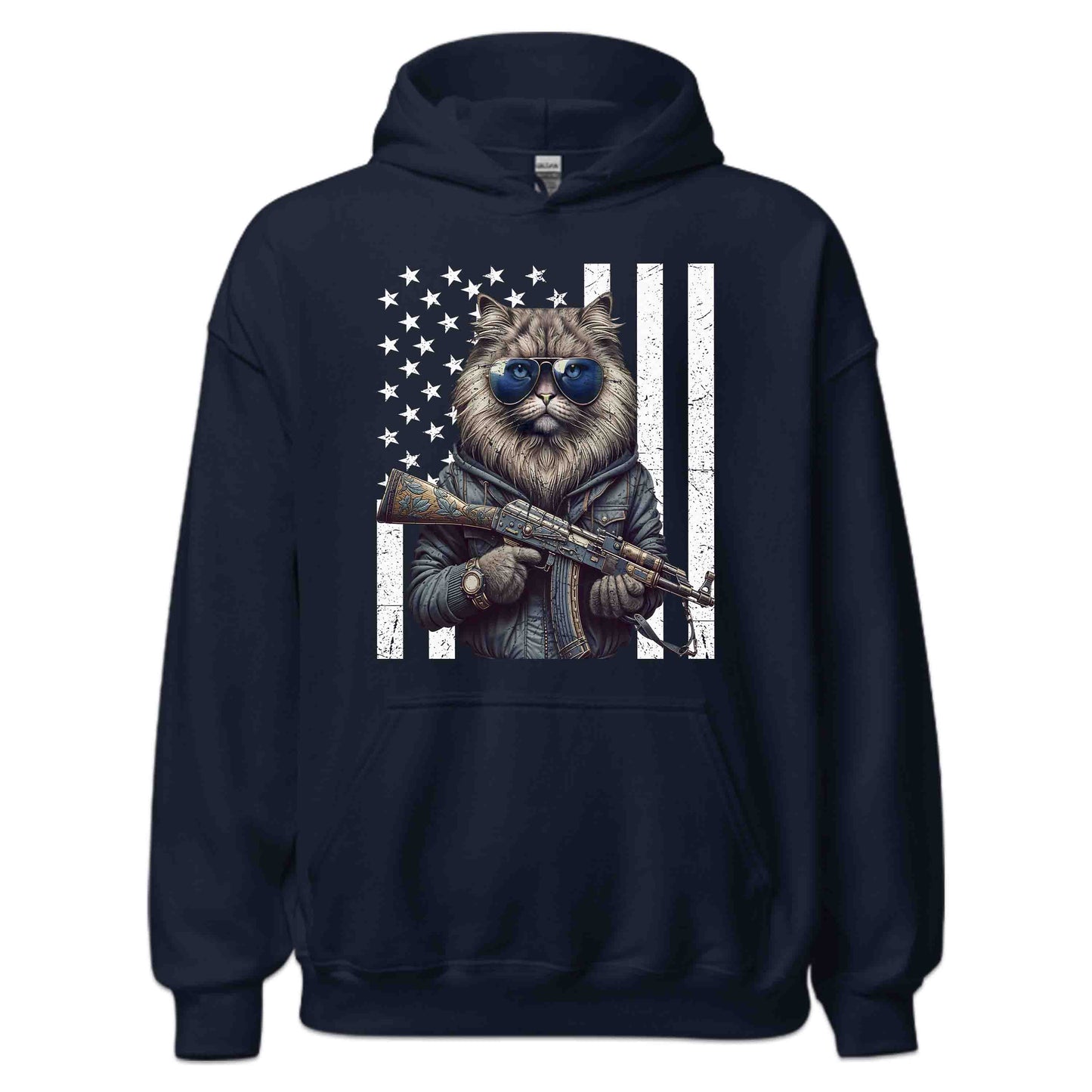 Armed Cat With AK-47 & USA Flag Fierce Patriotic Feline | PRODUCT CODE: ACRDMWUSFLGT