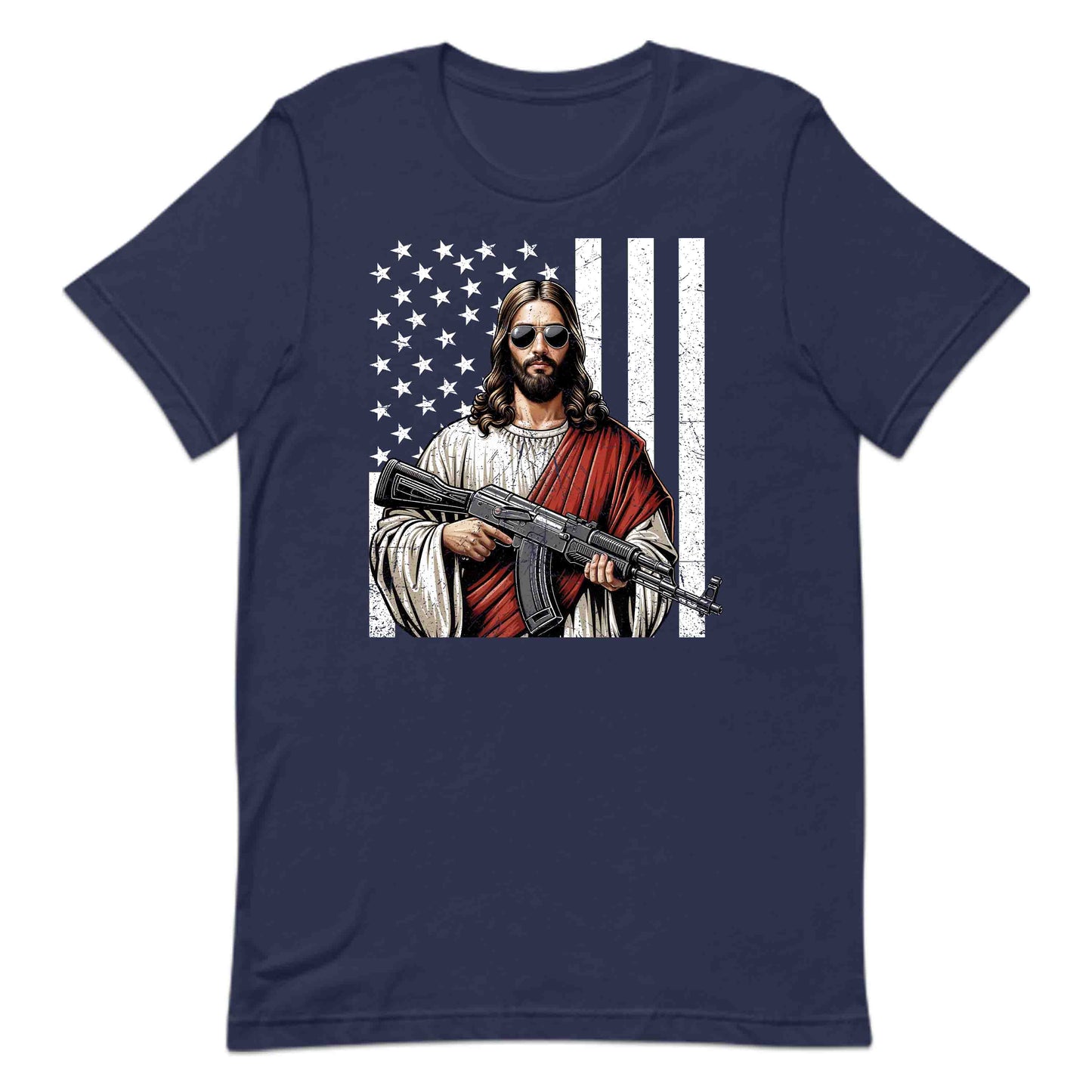 Armed Jesus with USA Flag Patriotic Christian Faith & Firearm Fusion | PRODUCT CODE: AMRDJSUFLGPT