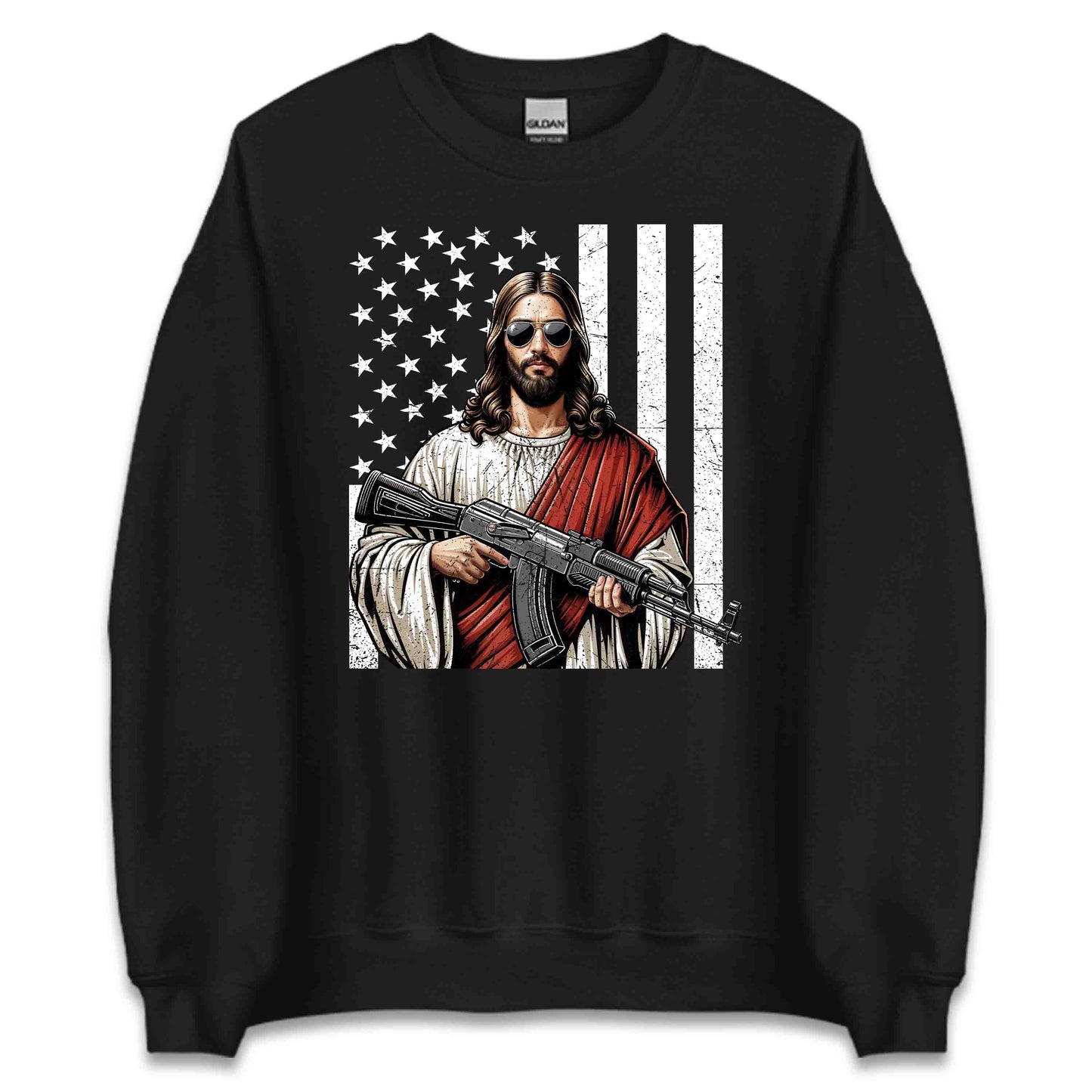 Armed Jesus with USA Flag Patriotic Christian Faith & Firearm Fusion | PRODUCT CODE: AMRDJSUFLGPT