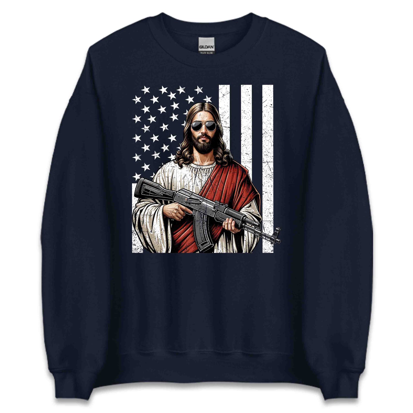 Armed Jesus with USA Flag Patriotic Christian Faith & Firearm Fusion | PRODUCT CODE: AMRDJSUFLGPT