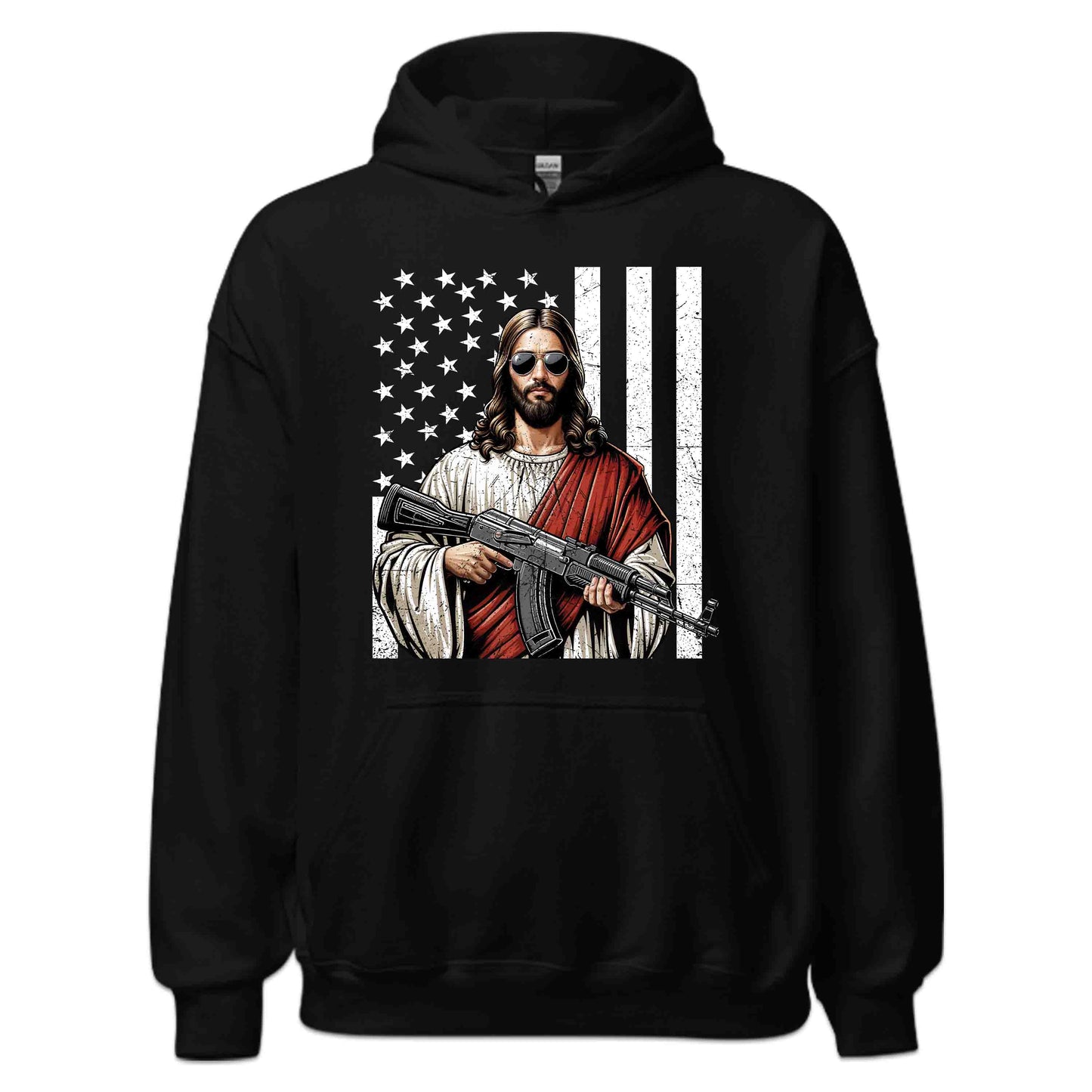 Armed Jesus with USA Flag Patriotic Christian Faith & Firearm Fusion | PRODUCT CODE: AMRDJSUFLGPT