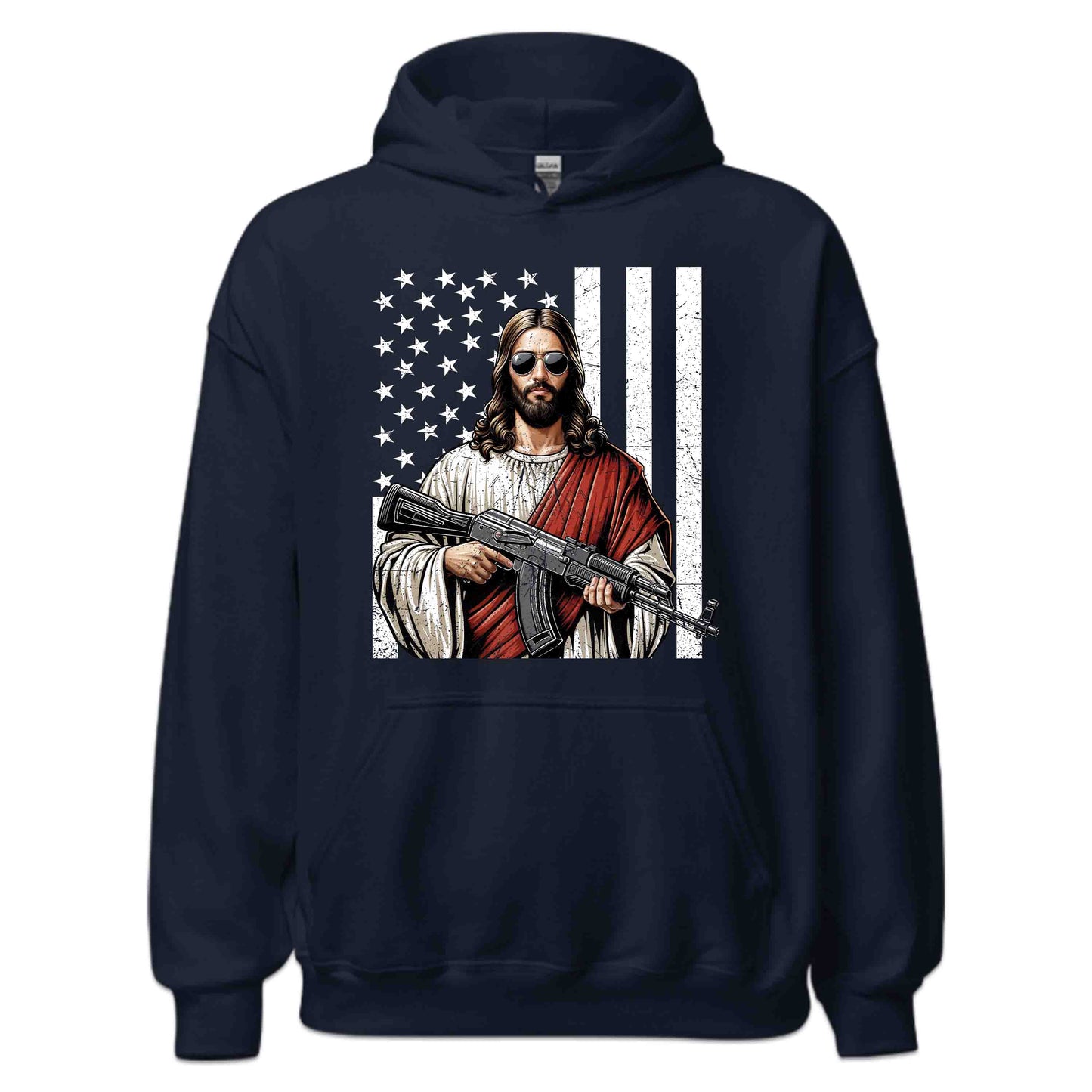 Armed Jesus with USA Flag Patriotic Christian Faith & Firearm Fusion | PRODUCT CODE: AMRDJSUFLGPT
