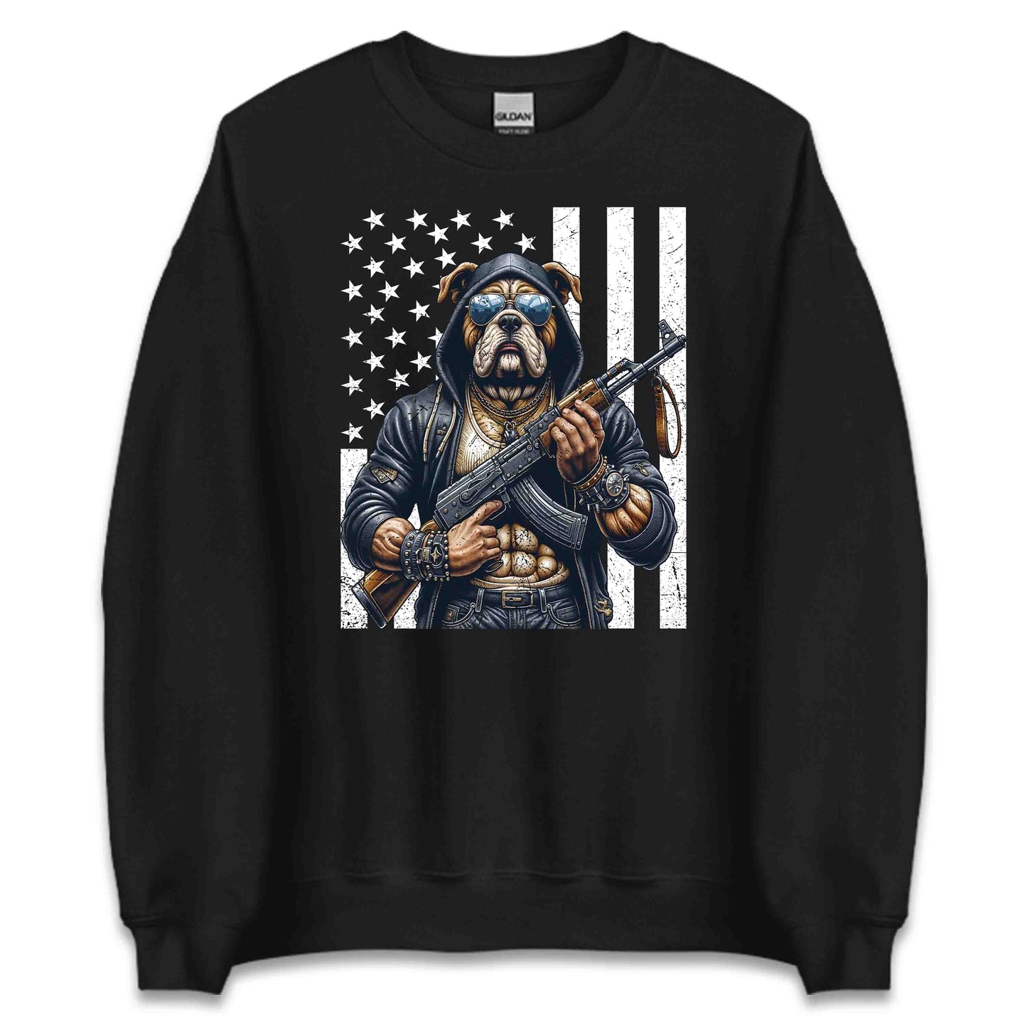 Armed Bulldog With AK-47 & USA Flag Fierce Patriotic Dog | PRODUCT CODE: ARMUJWBAHFG