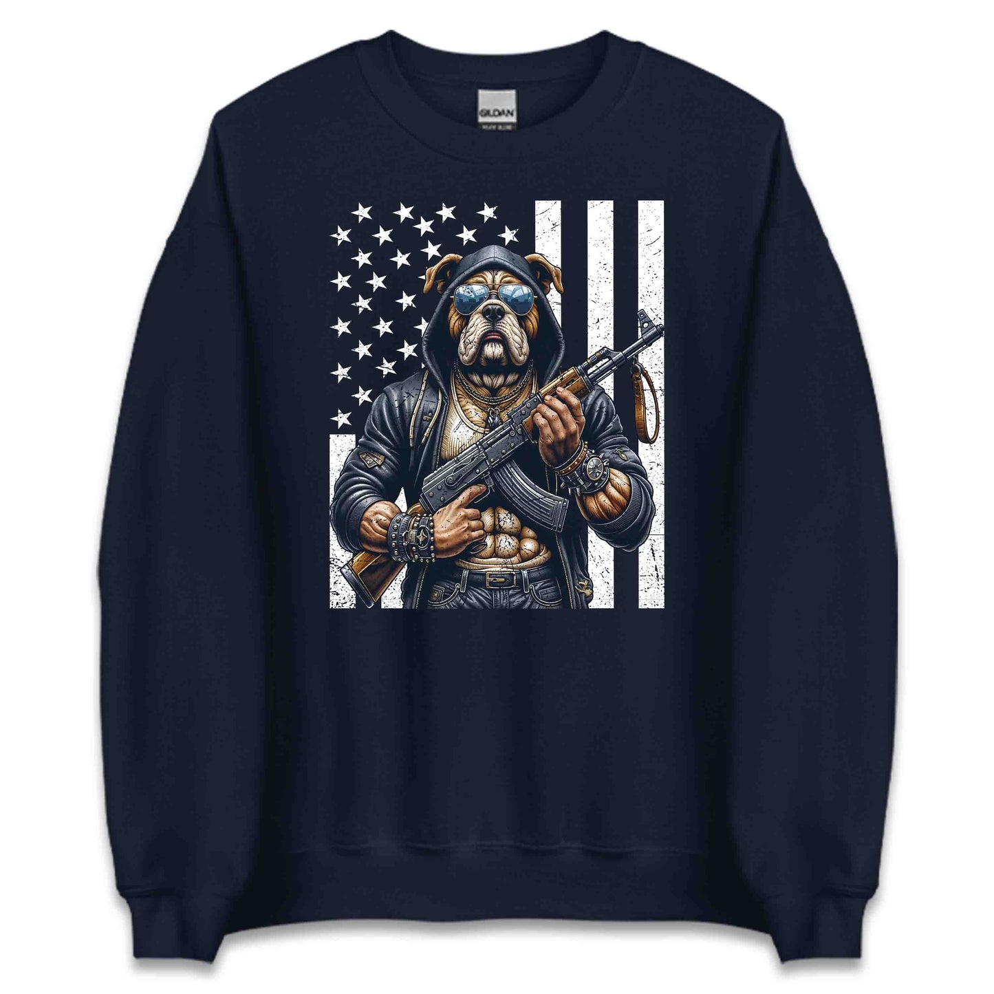 Armed Bulldog With AK-47 & USA Flag Fierce Patriotic Dog | PRODUCT CODE: ARMUJWBAHFG