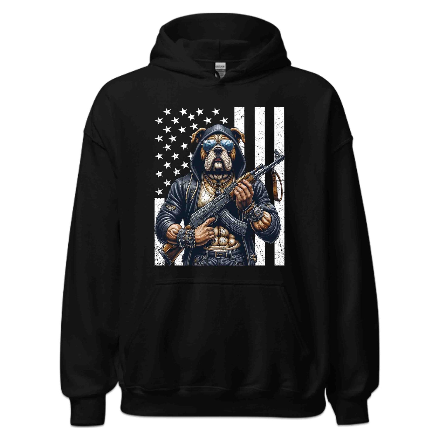 Armed Bulldog With AK-47 & USA Flag Fierce Patriotic Dog | PRODUCT CODE: ARMUJWBAHFG