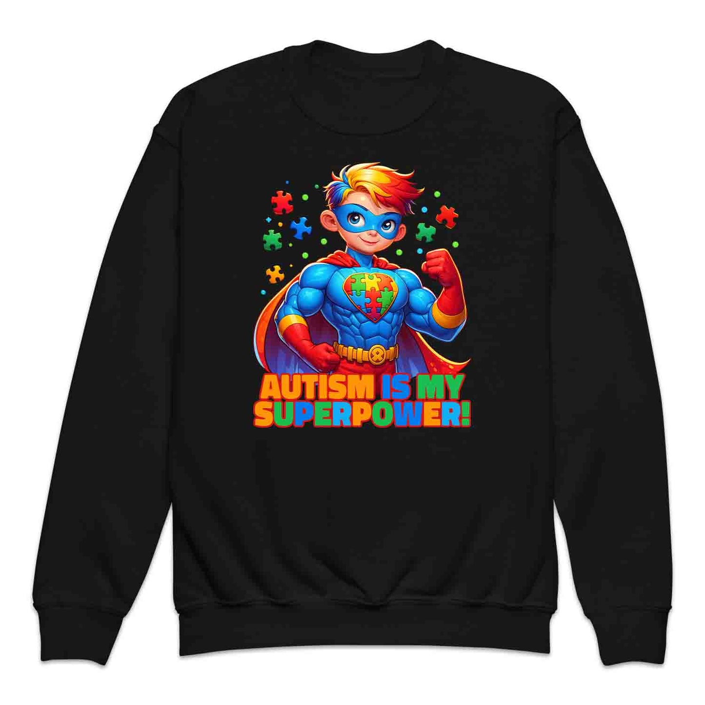 Autism Superhero Kids T-Shirt | Autism Is My Superpower Jumper | Colorful Puzzle Piece Kids Hoodie | PRODUCT CODE: AUTNBSPEHBW