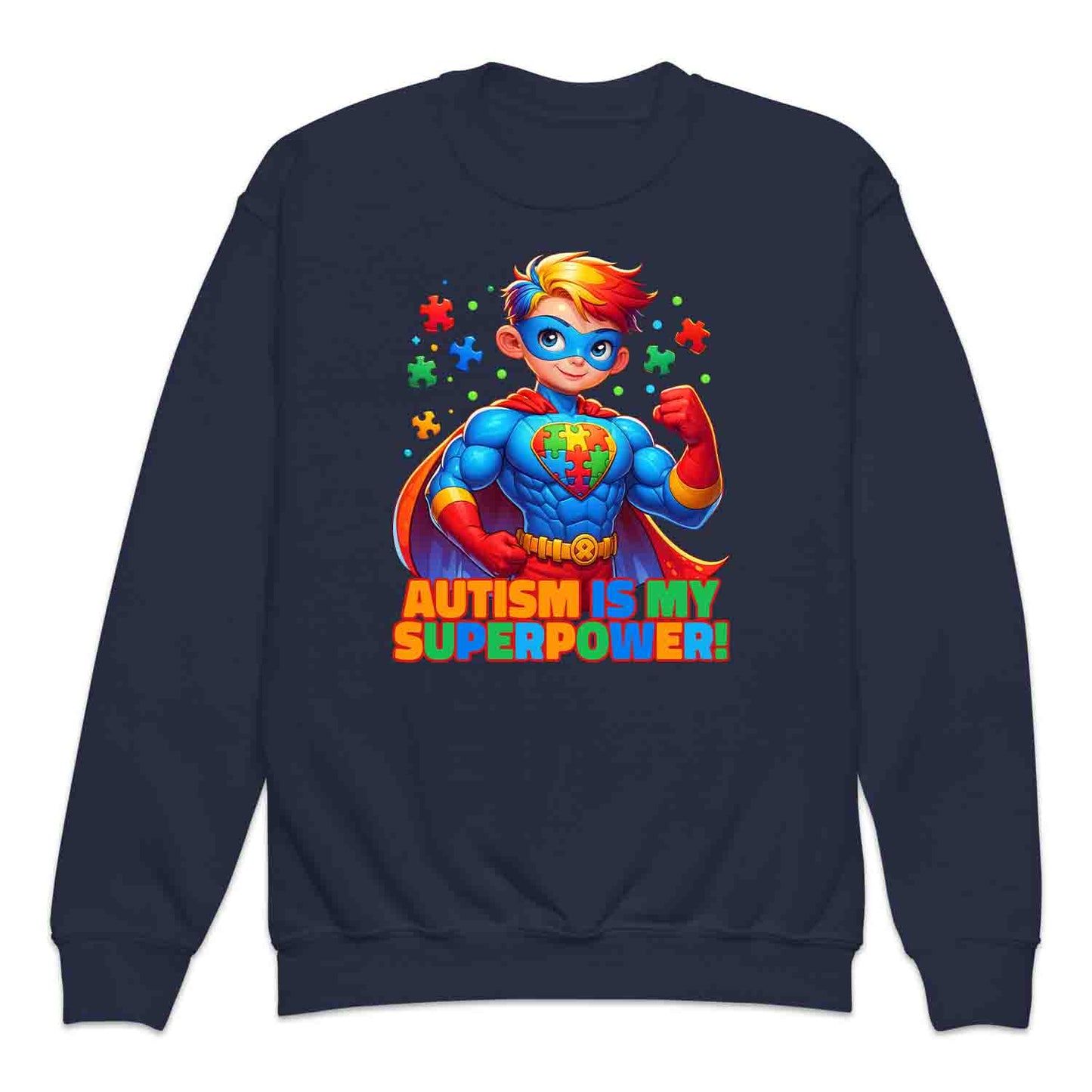 Autism Superhero Kids T-Shirt | Autism Is My Superpower Jumper | Colorful Puzzle Piece Kids Hoodie | PRODUCT CODE: AUTNBSPEHBW