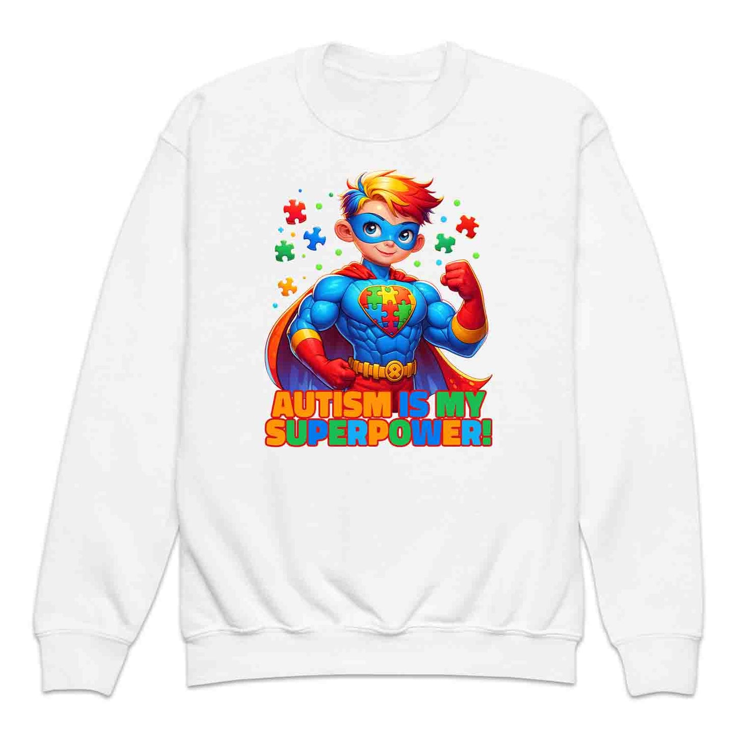 Autism Superhero Kids T-Shirt | Autism Is My Superpower Jumper | Colorful Puzzle Piece Kids Hoodie | PRODUCT CODE: AUTNBSPEHBW