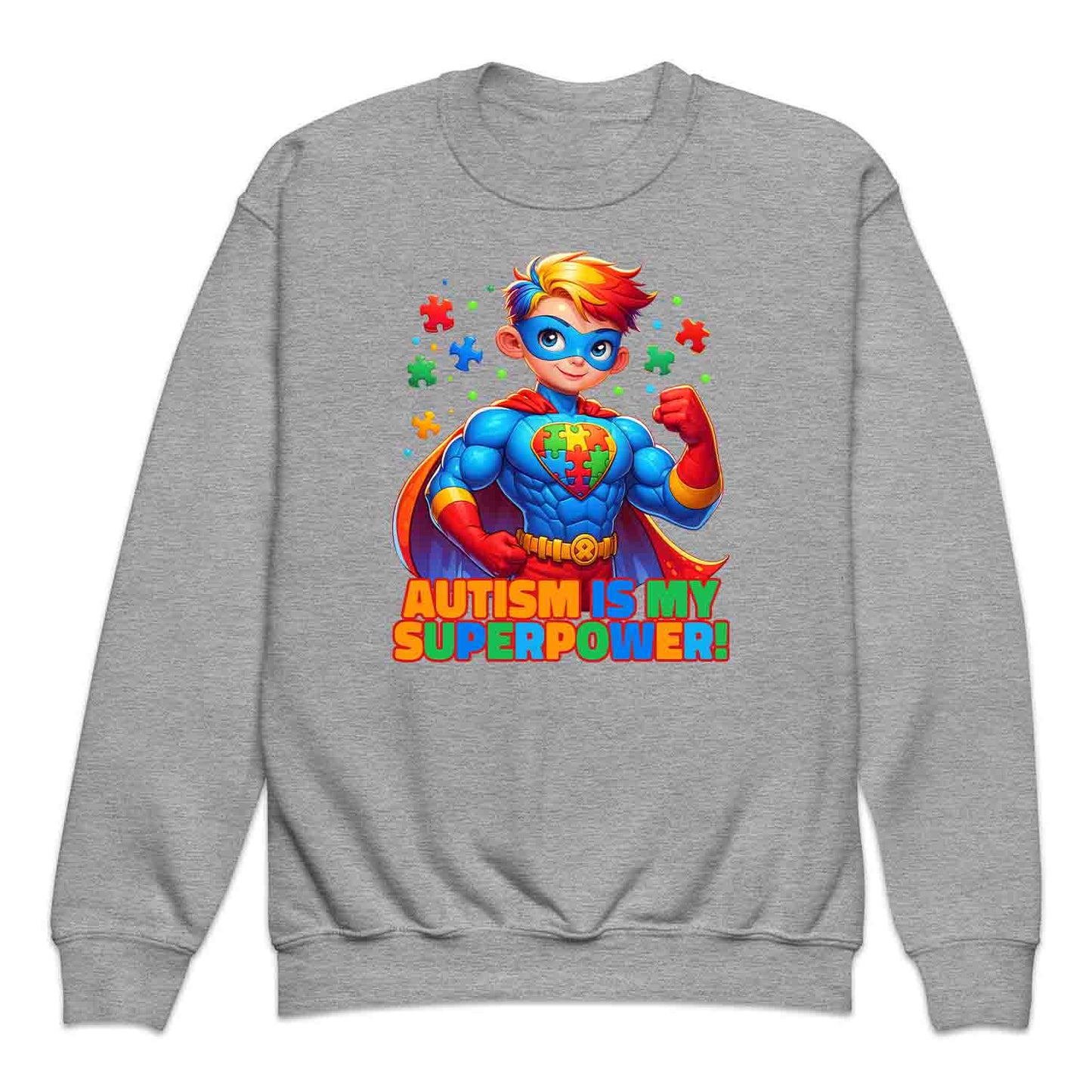 Autism Superhero Kids T-Shirt | Autism Is My Superpower Jumper | Colorful Puzzle Piece Kids Hoodie | PRODUCT CODE: AUTNBSPEHBW