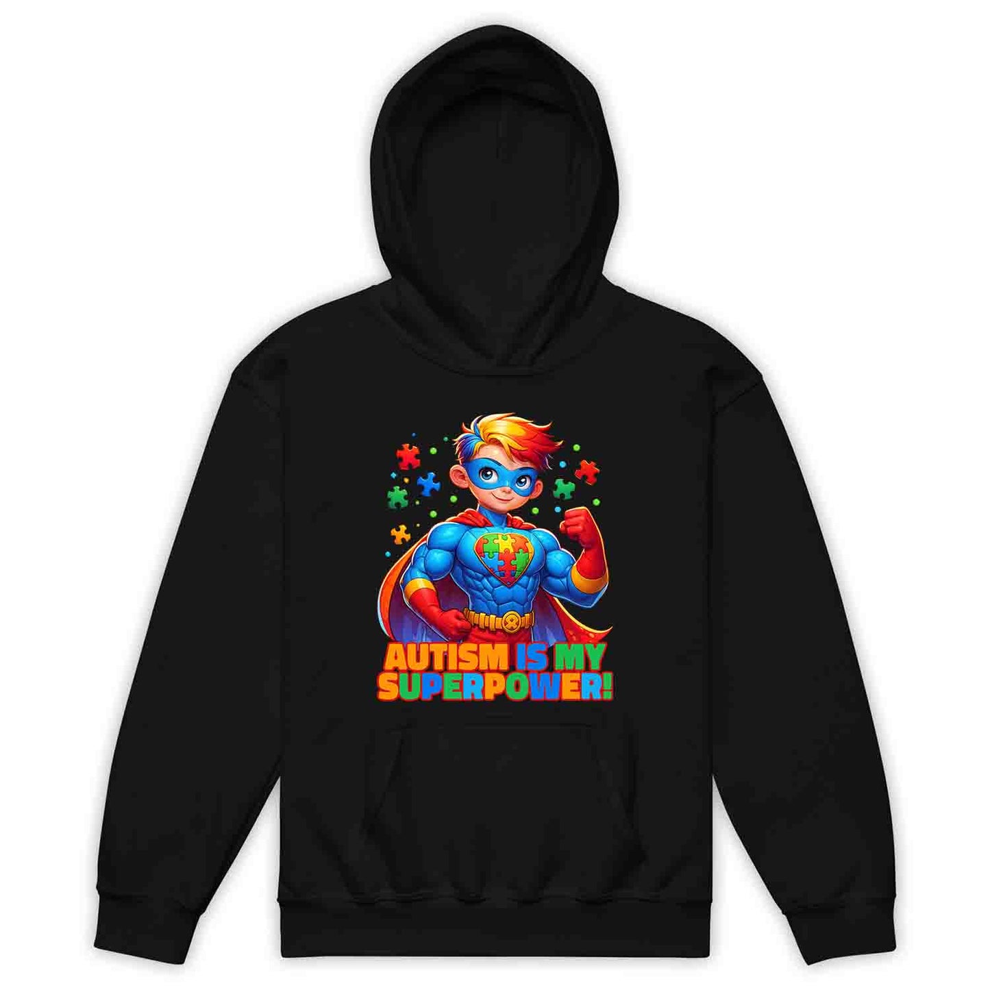 Autism Superhero Kids T-Shirt | Autism Is My Superpower Jumper | Colorful Puzzle Piece Kids Hoodie | PRODUCT CODE: AUTNBSPEHBW