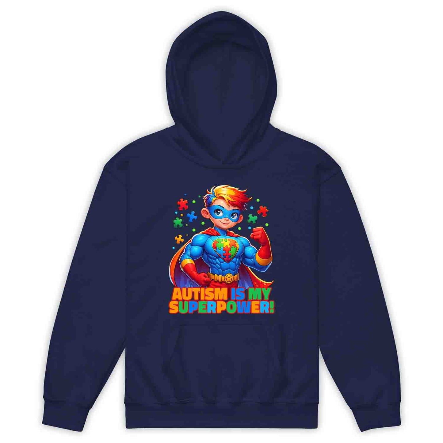 Autism Superhero Kids T-Shirt | Autism Is My Superpower Jumper | Colorful Puzzle Piece Kids Hoodie | PRODUCT CODE: AUTNBSPEHBW