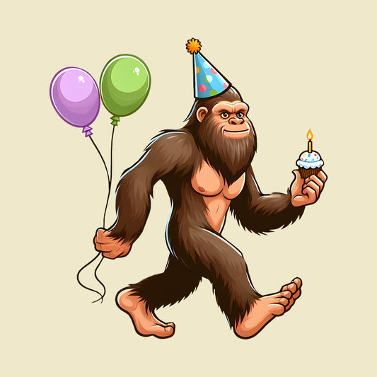 Bigfoot Birthday Bigfoot Holding Ballon & Cupcake | PRODUCT CODE: BGFTSQLOC