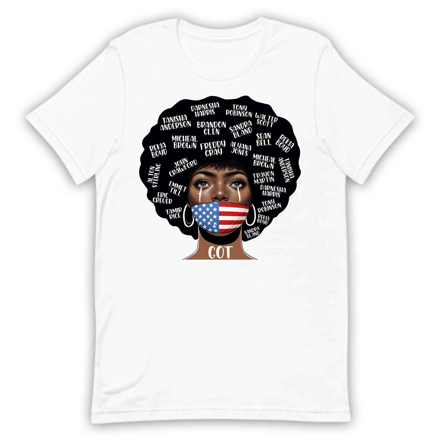 Black Lives Matter Victim Names and USA Flag Mask Striking Afro | PRODUCT CODE: BLKABDHIEIRDF
