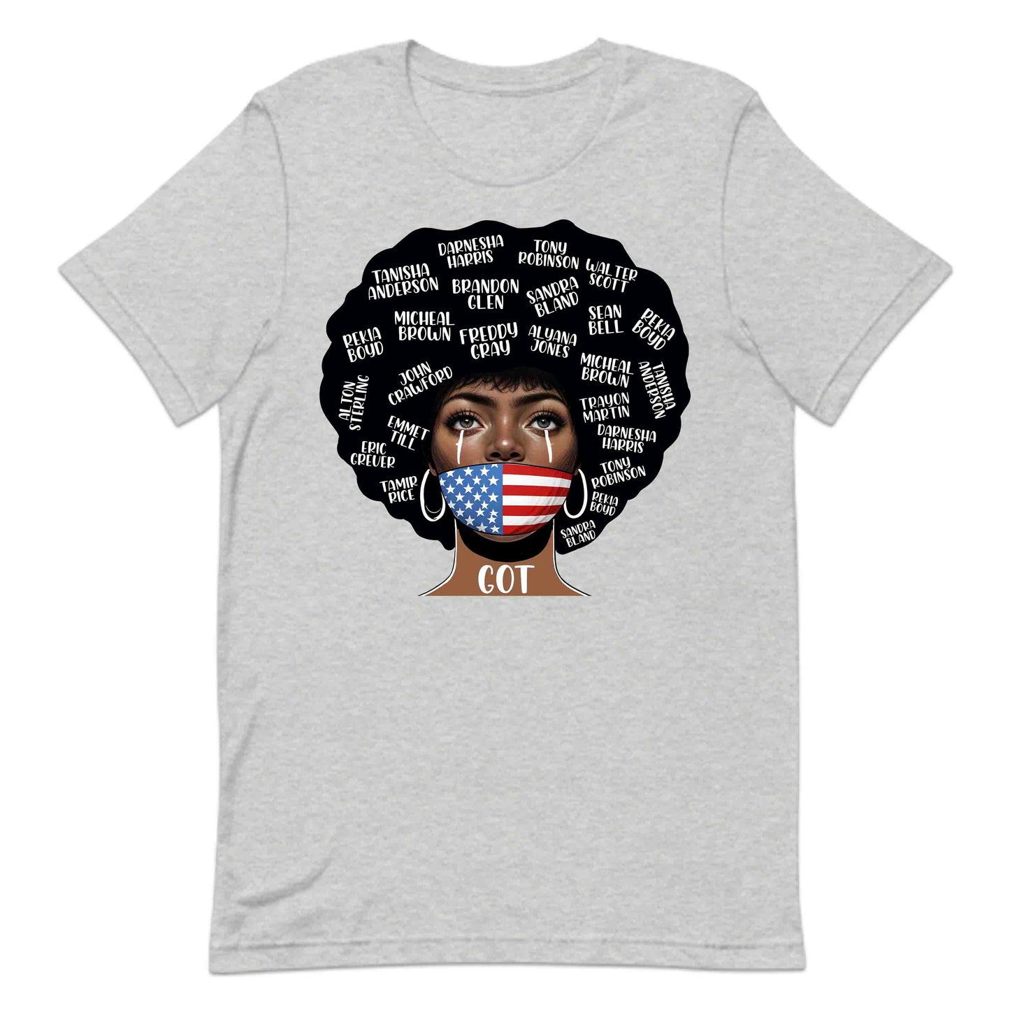 Black Lives Matter Victim Names and USA Flag Mask Striking Afro | PRODUCT CODE: BLKABDHIEIRDF