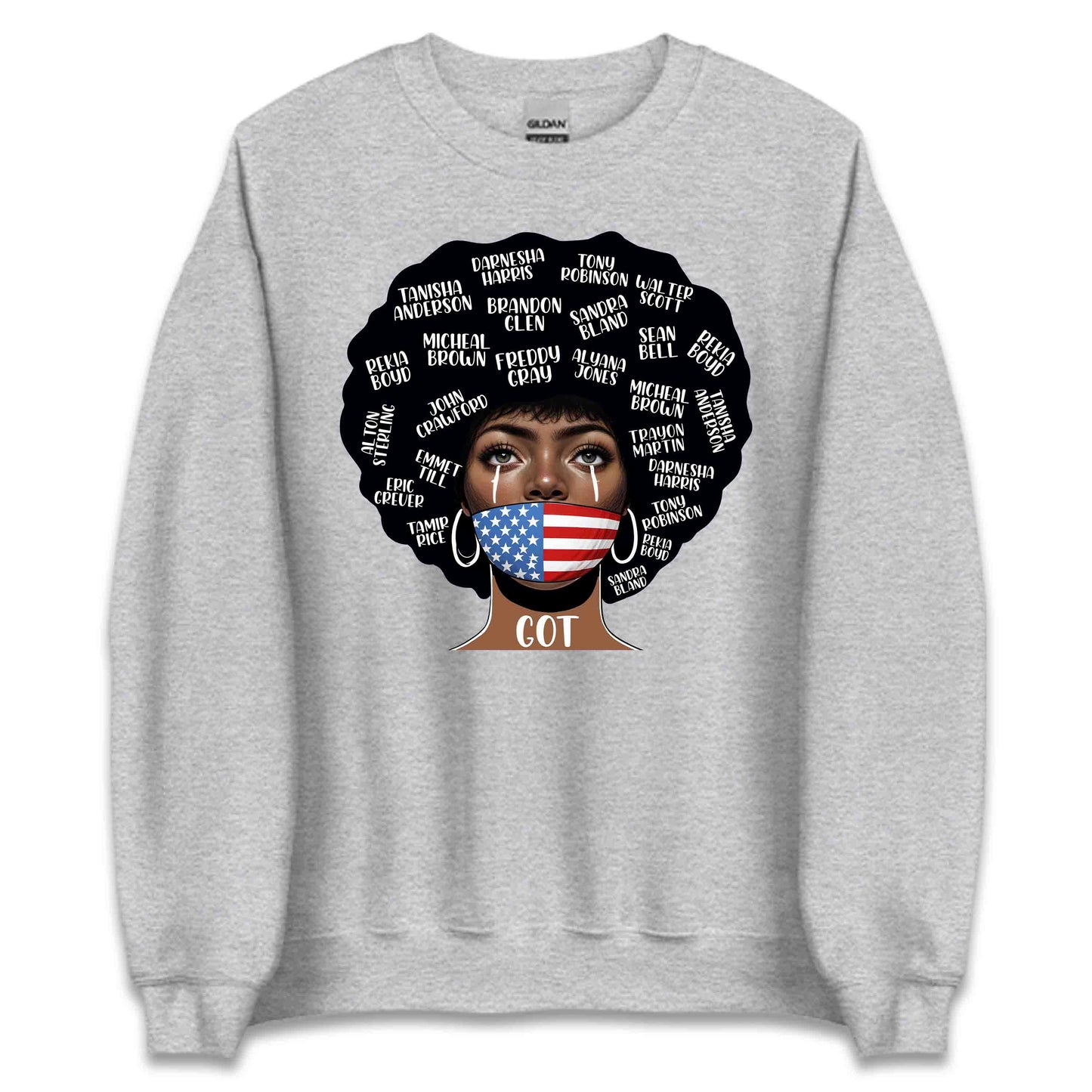Black Lives Matter Victim Names and USA Flag Mask Striking Afro | PRODUCT CODE: BLKABDHIEIRDF