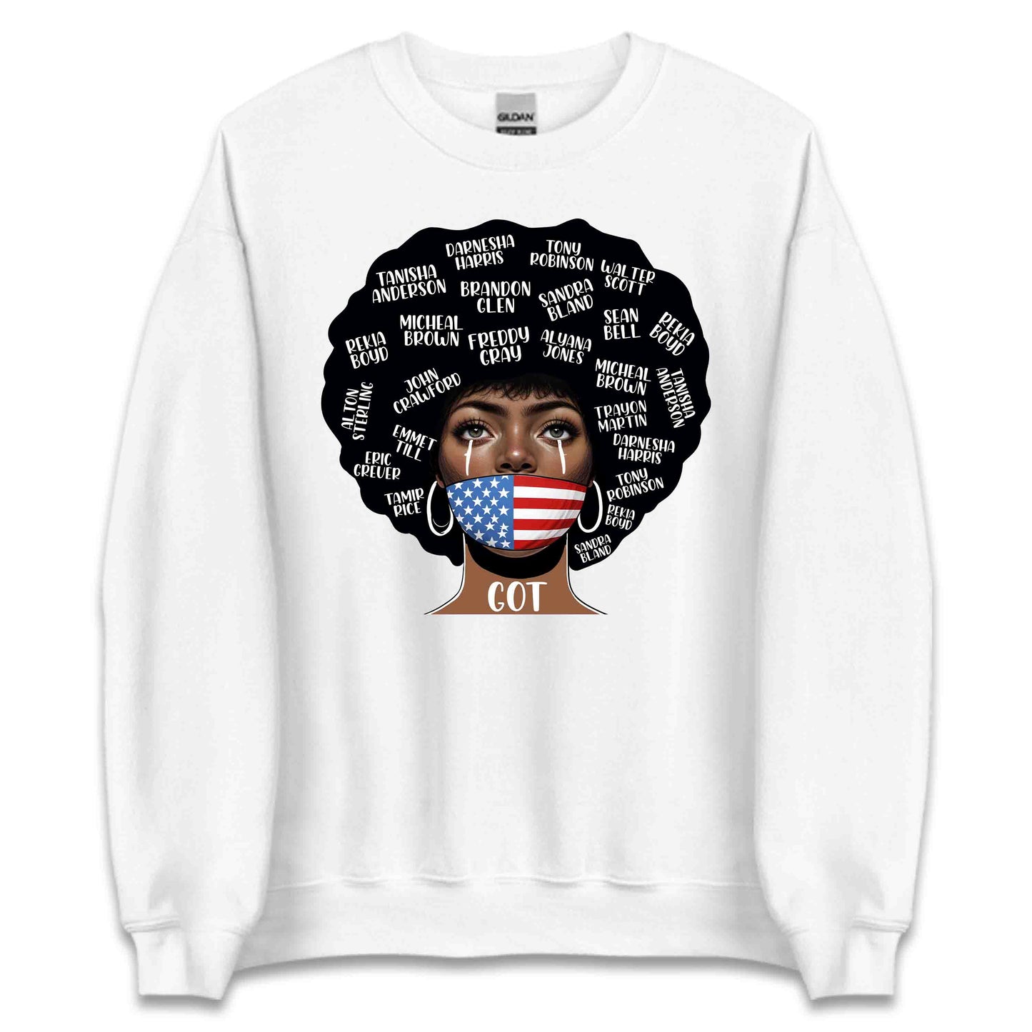 Black Lives Matter Victim Names and USA Flag Mask Striking Afro | PRODUCT CODE: BLKABDHIEIRDF
