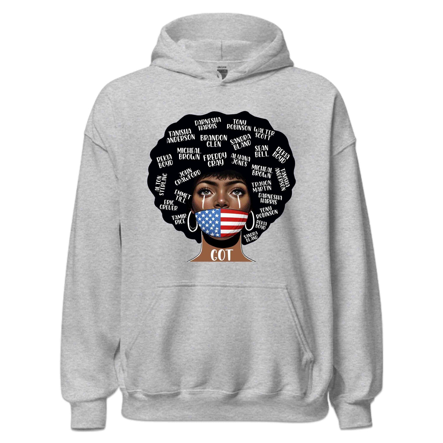 Black Lives Matter Victim Names and USA Flag Mask Striking Afro | PRODUCT CODE: BLKABDHIEIRDF