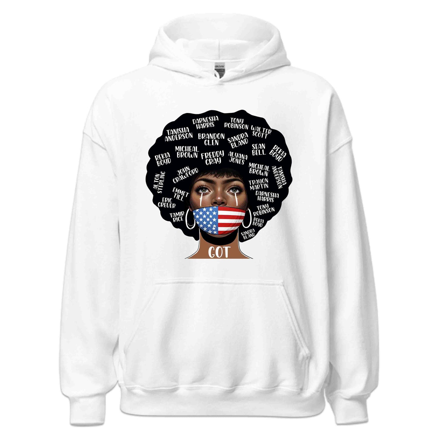 Black Lives Matter Victim Names and USA Flag Mask Striking Afro | PRODUCT CODE: BLKABDHIEIRDF