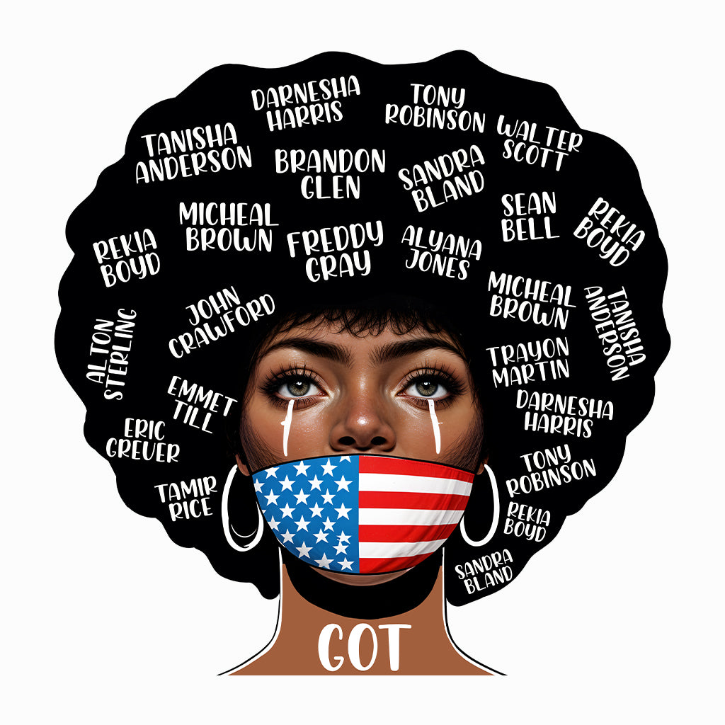 Black Lives Matter Victim Names and USA Flag Mask Striking Afro | PRODUCT CODE: BLKABDHIEIRDF
