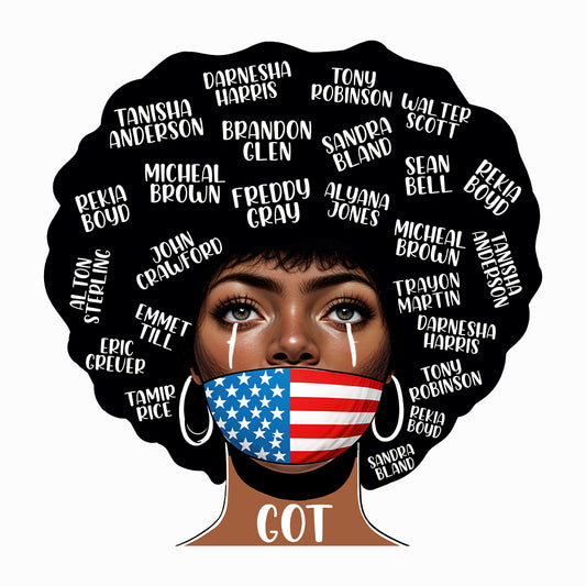 Black Lives Matter Victim Names and USA Flag Mask Striking Afro | PRODUCT CODE: BLKABDHIEIRDF