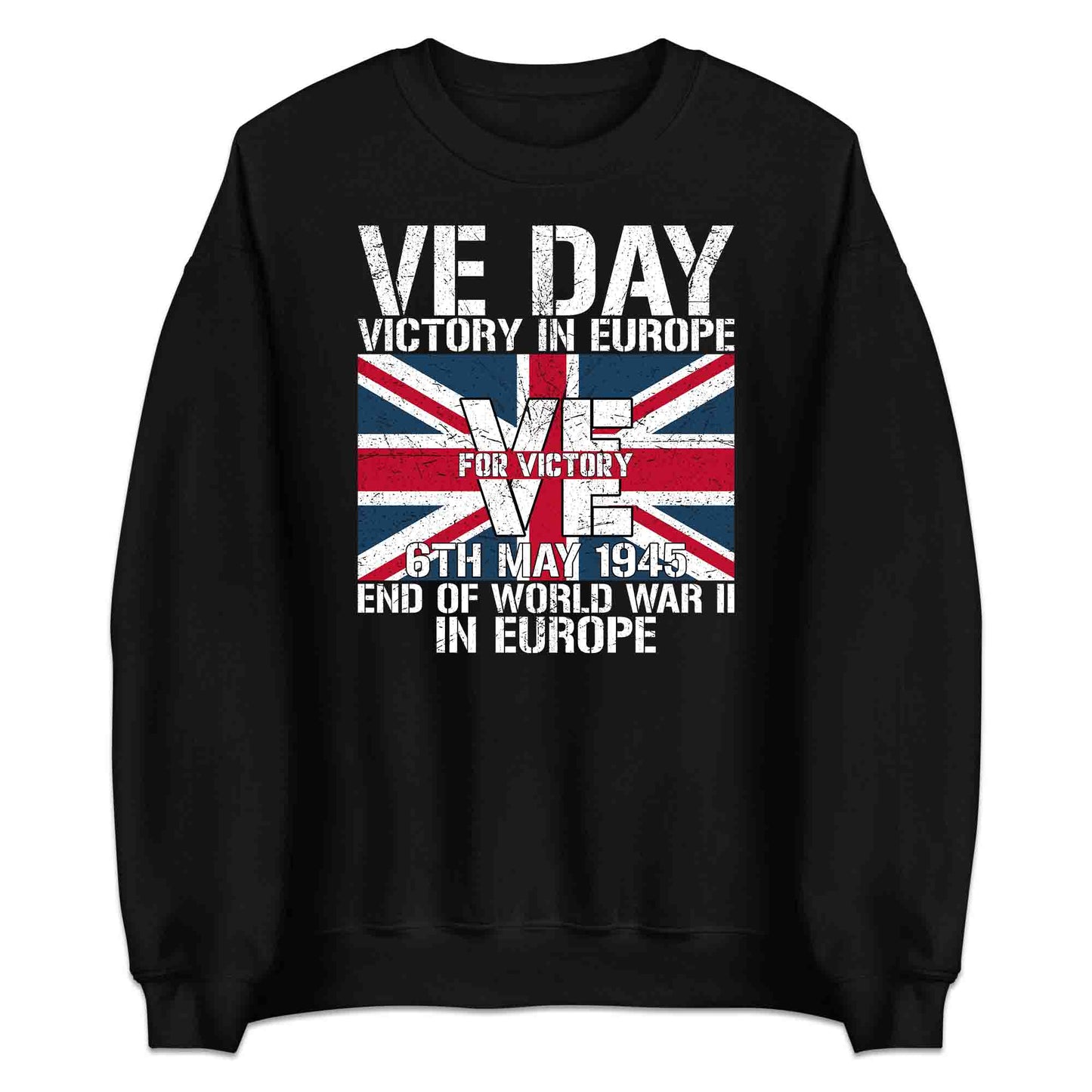 VE Day 1945 Victory in Europe T-Shirt, Jumper & Hoodie – Grunge Union Jack, British WWII Vintage Tribute | PRODUCT CODE: BNDSAUYRW