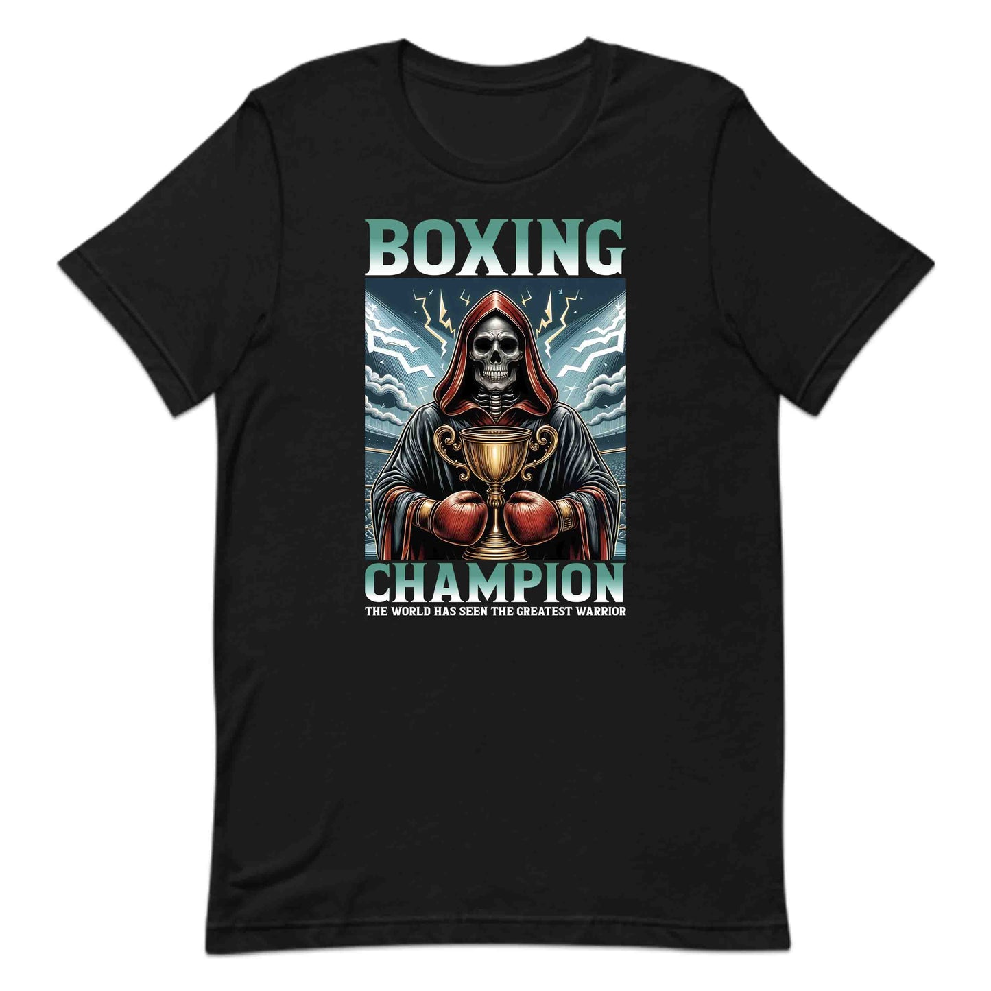 Boxing Champion Gothic Skeleton Victory Skull Holding Trophy in Arena | PRODUCT CODE: BXNGCHMPINGK