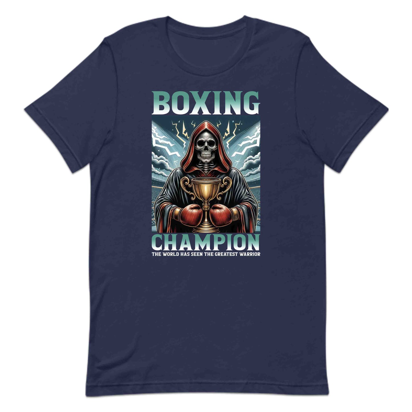 Boxing Champion Gothic Skeleton Victory Skull Holding Trophy in Arena | PRODUCT CODE: BXNGCHMPINGK