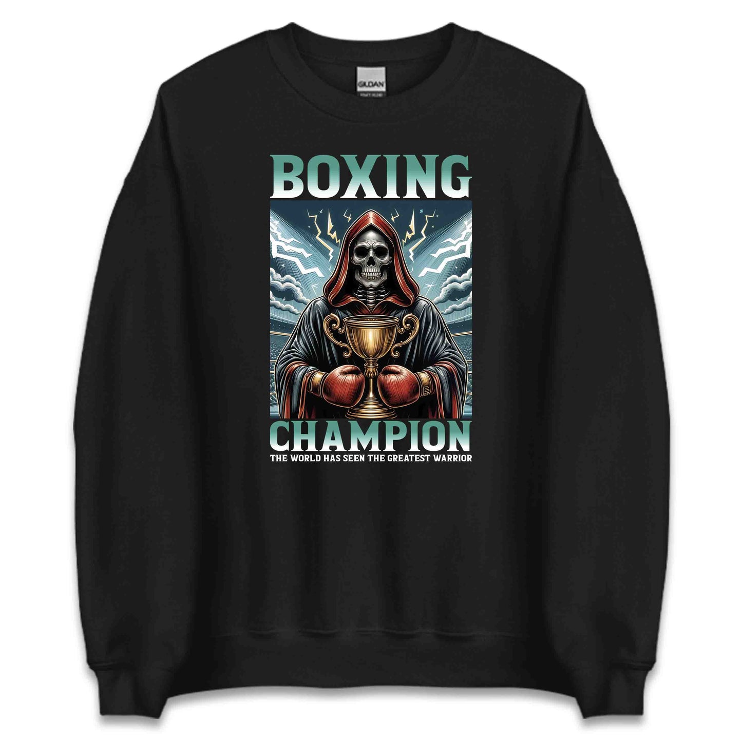 Boxing Champion Gothic Skeleton Victory Skull Holding Trophy in Arena | PRODUCT CODE: BXNGCHMPINGK