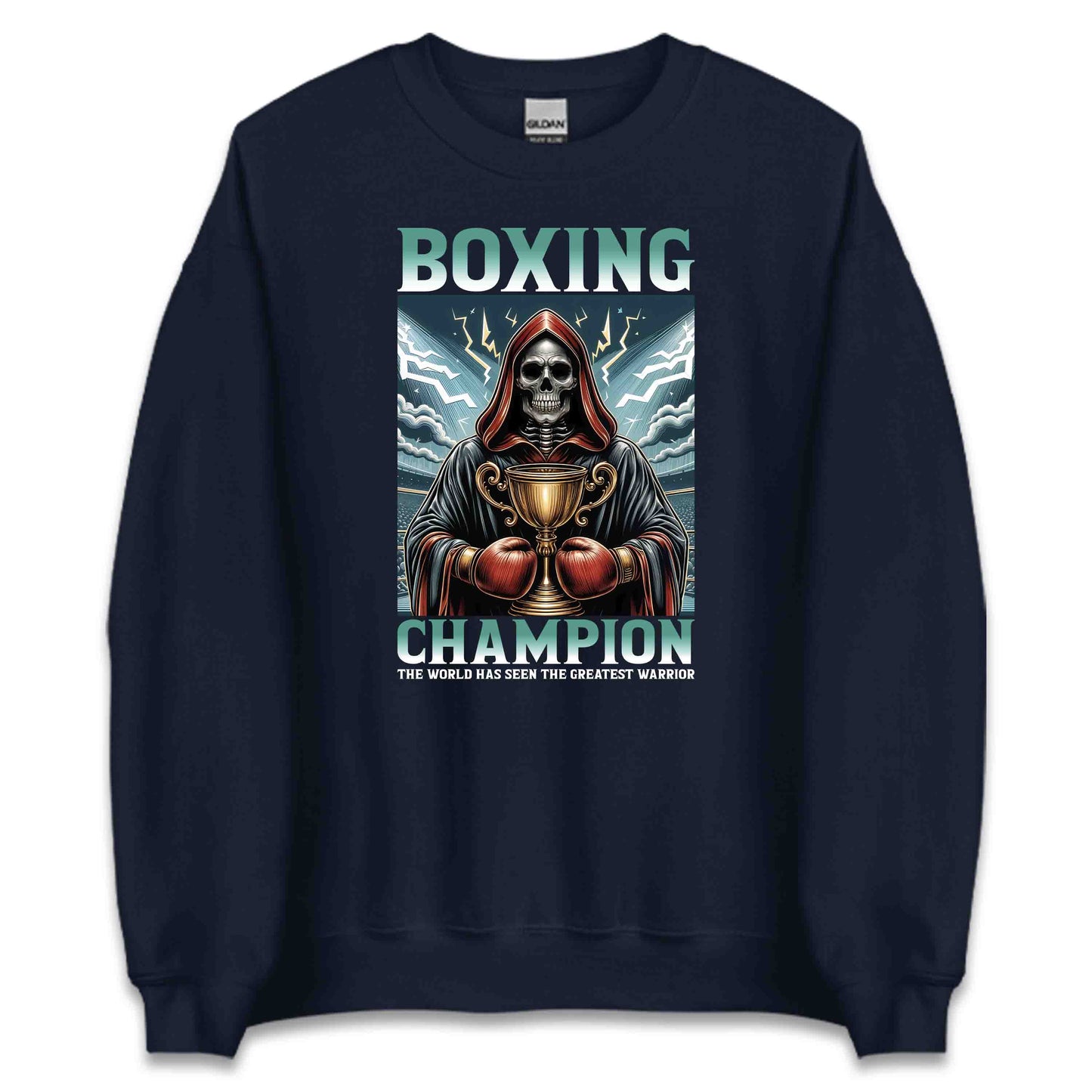 Boxing Champion Gothic Skeleton Victory Skull Holding Trophy in Arena | PRODUCT CODE: BXNGCHMPINGK