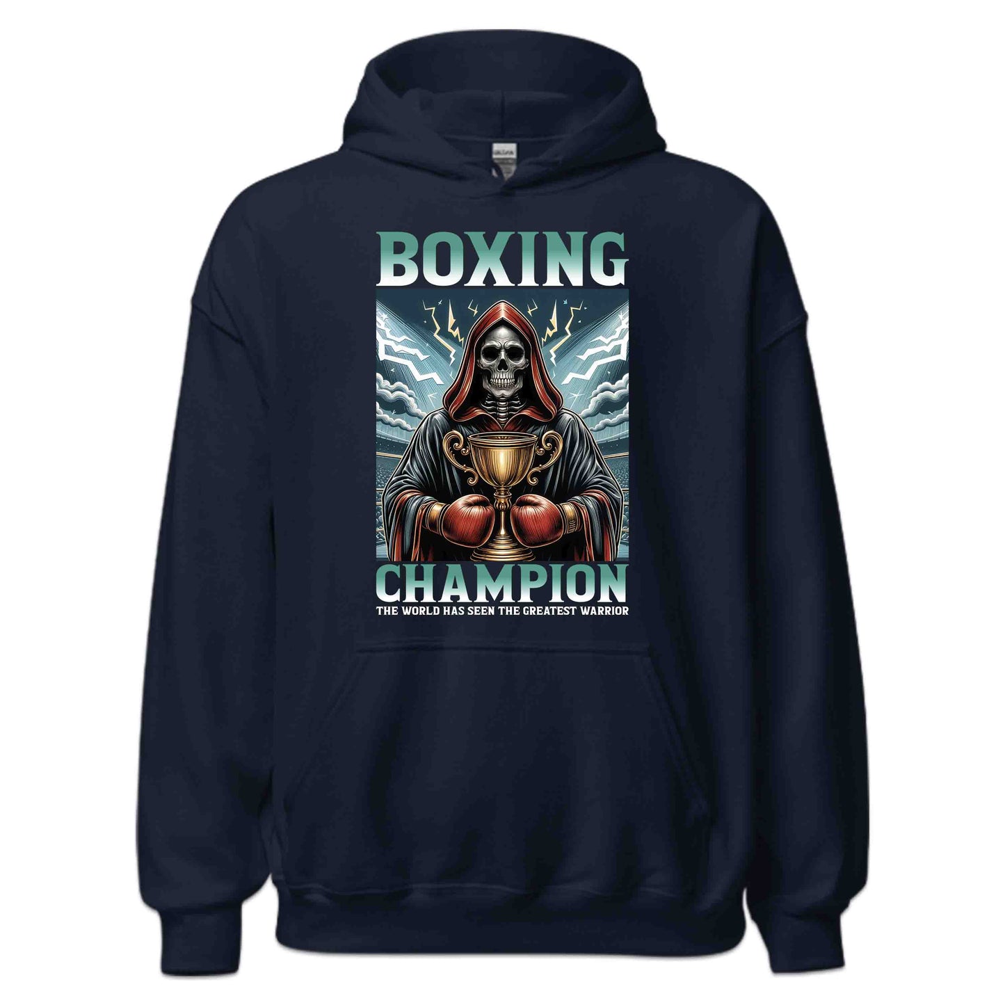 Boxing Champion Gothic Skeleton Victory Skull Holding Trophy in Arena | PRODUCT CODE: BXNGCHMPINGK