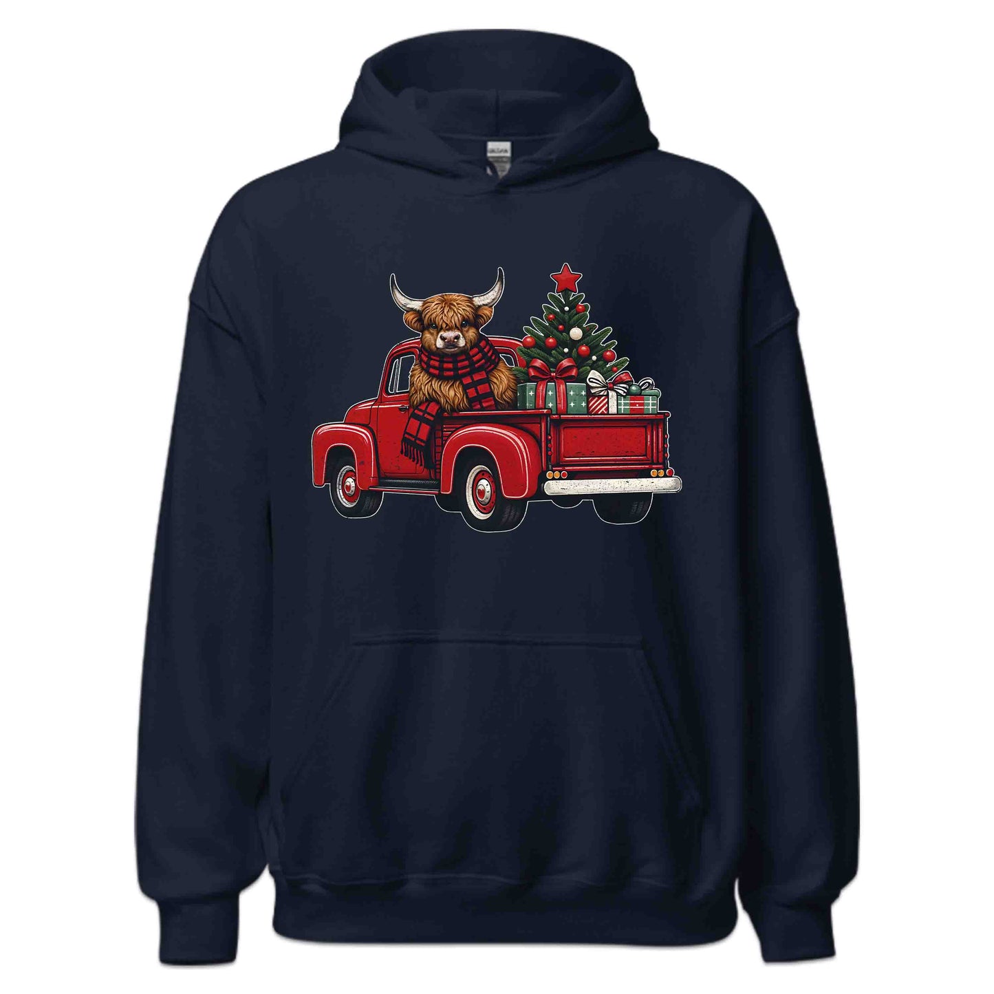 Christmas Highland Cow Vintage Red Christmas Tree Truck Heifer Cow Xmas | PRODUCT CODE: CHTHGLMDCWP