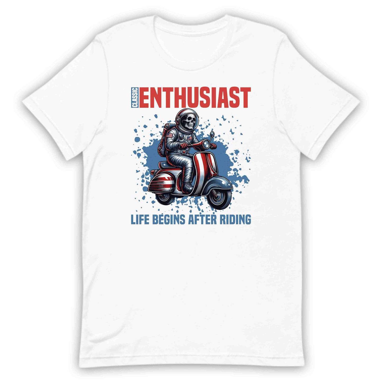 Classic Enthusiast Astronaut Riding Scooter Life Begins After Riding Quote | PRODUCT CODE: CLSWBNRAEMTSHL
