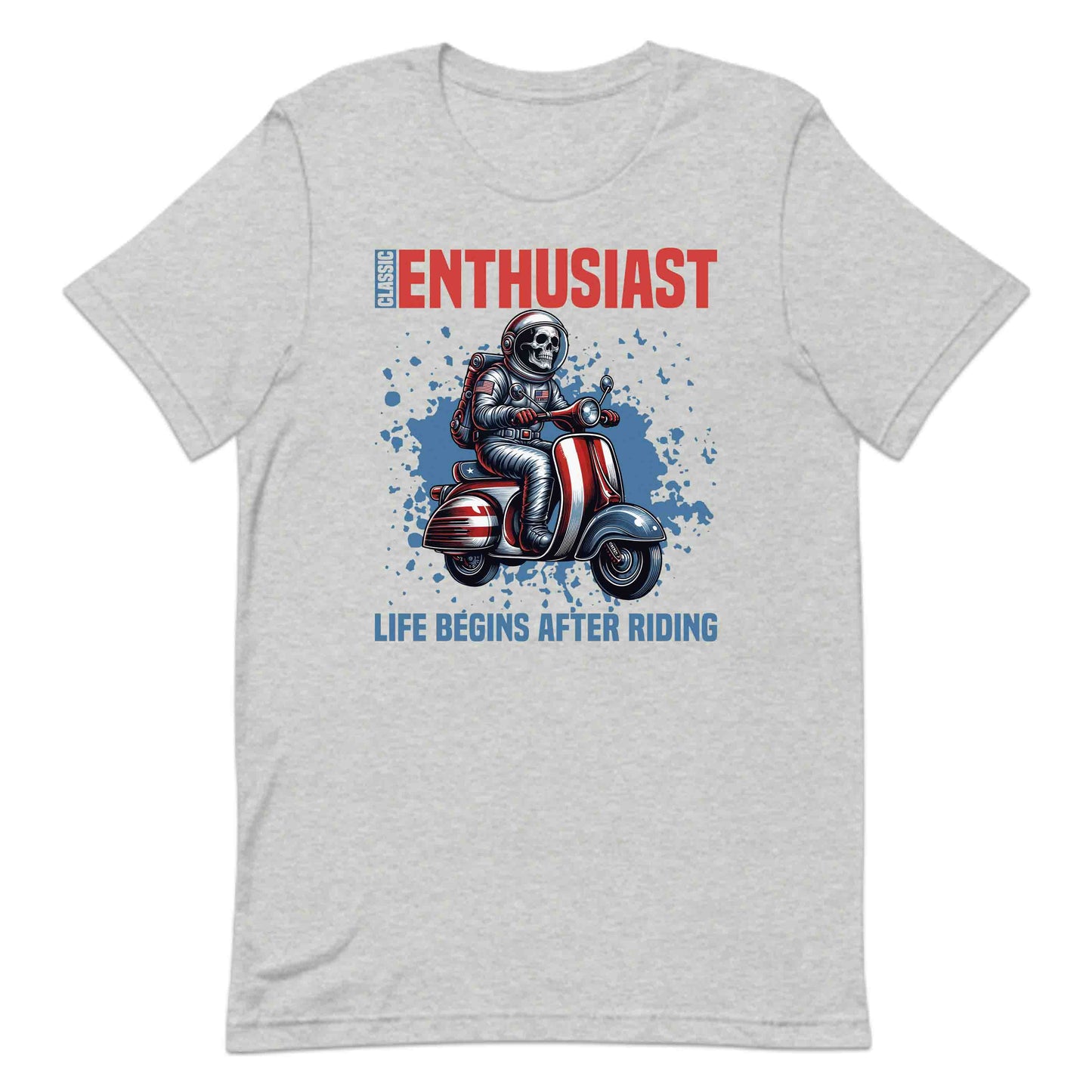 Classic Enthusiast Astronaut Riding Scooter Life Begins After Riding Quote | PRODUCT CODE: CLSWBNRAEMTSHL