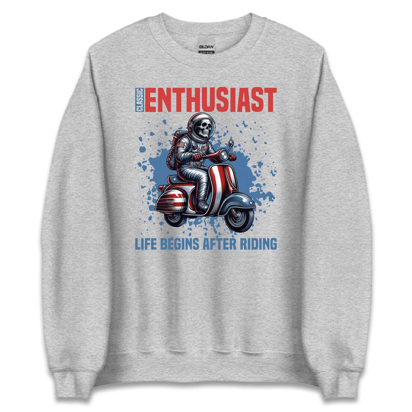 Classic Enthusiast Astronaut Riding Scooter Life Begins After Riding Quote | PRODUCT CODE: CLSWBNRAEMTSHL